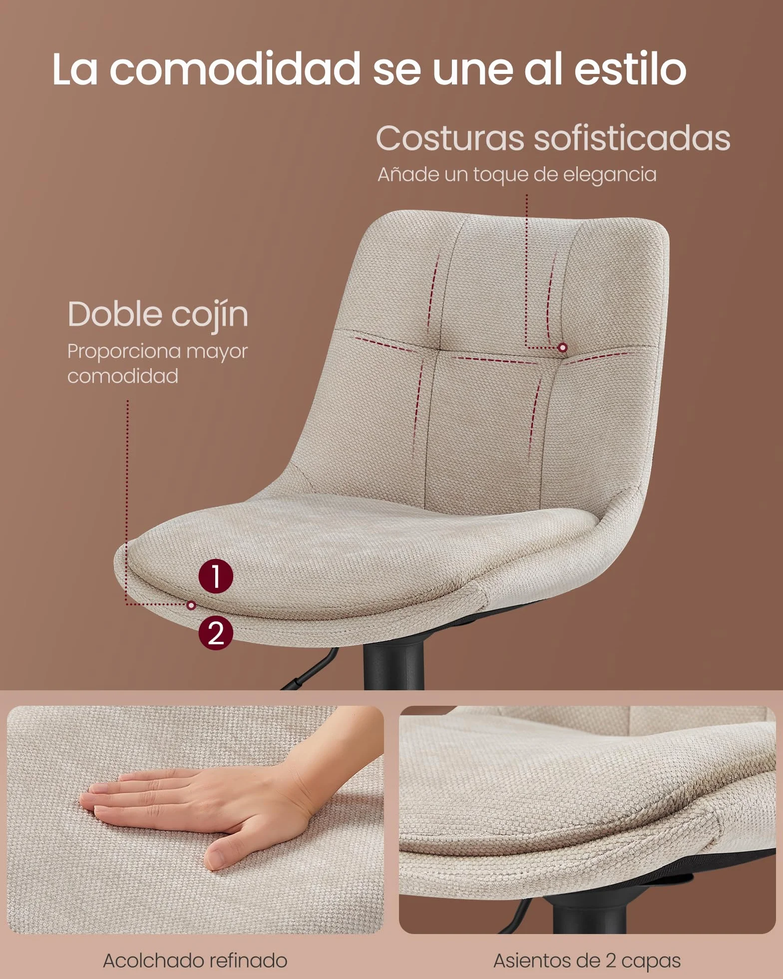 VASAGLE Juego de 2 Taburetes de Bar, Sillas Altas Giratorias Regulables en Altura, Acero, Blanco Crema
