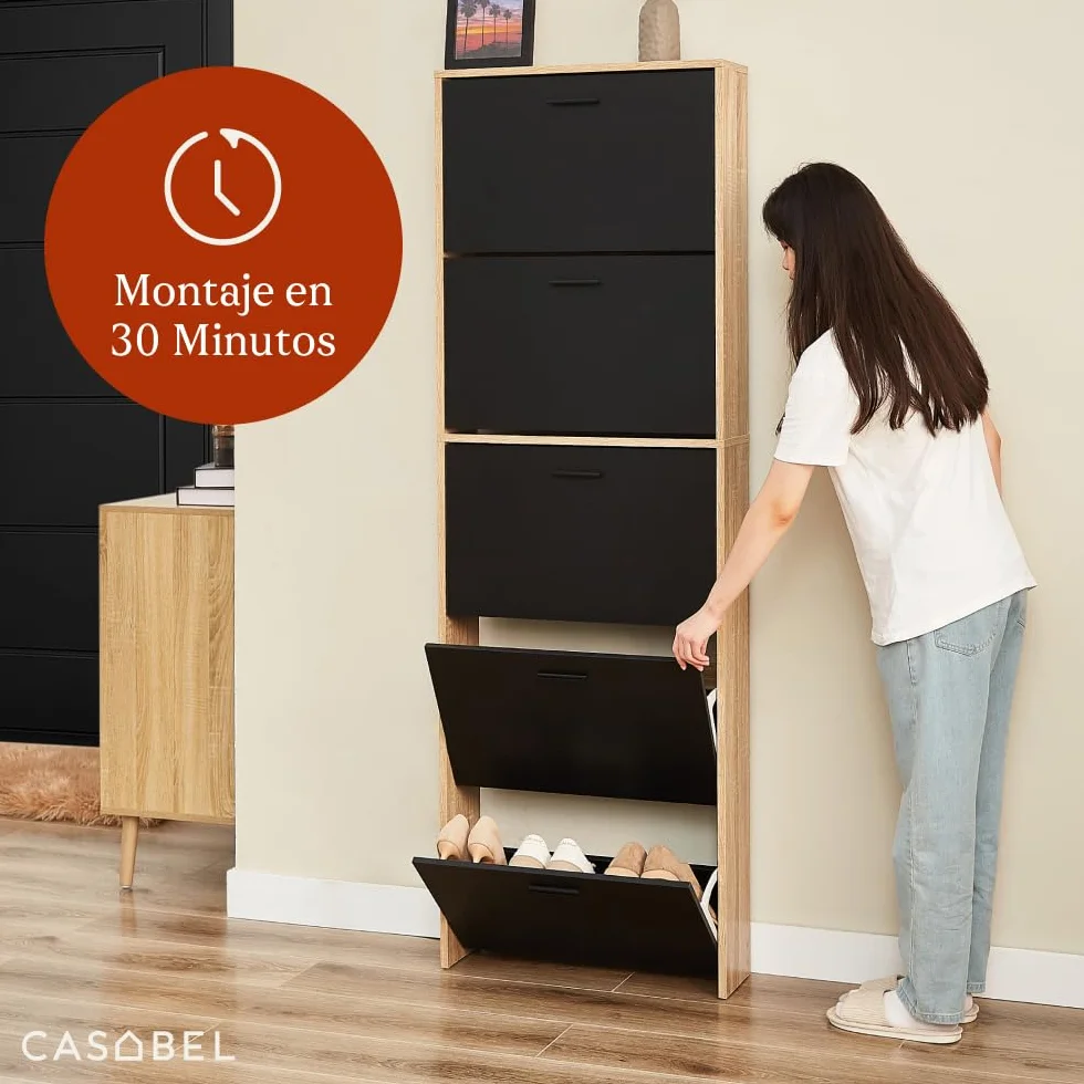 CASABEL Mueble Zapatero Moderno 5 abatibles, Almacenamiento para Zapatos 15 Pares, Negro y Madera, Mueble de Madera, Dimensiones L60xP17xH180 cm, Gran Capacidad, fácil de Instalar