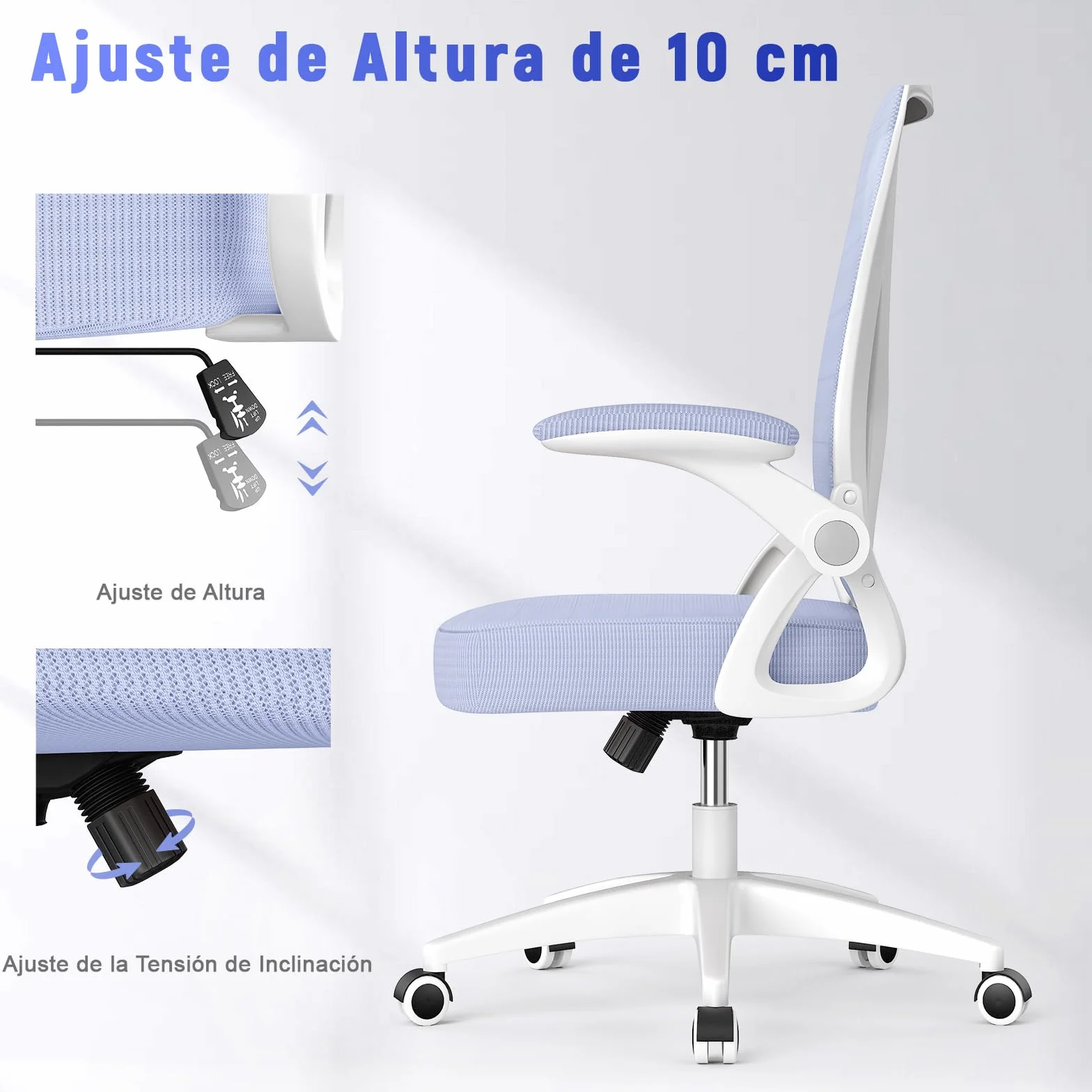 Silla de Oficina Ergonómica, Altura Ajustable, Giratoria, Respaldo Transpirable, Reposabrazos Plegables, Púrpura