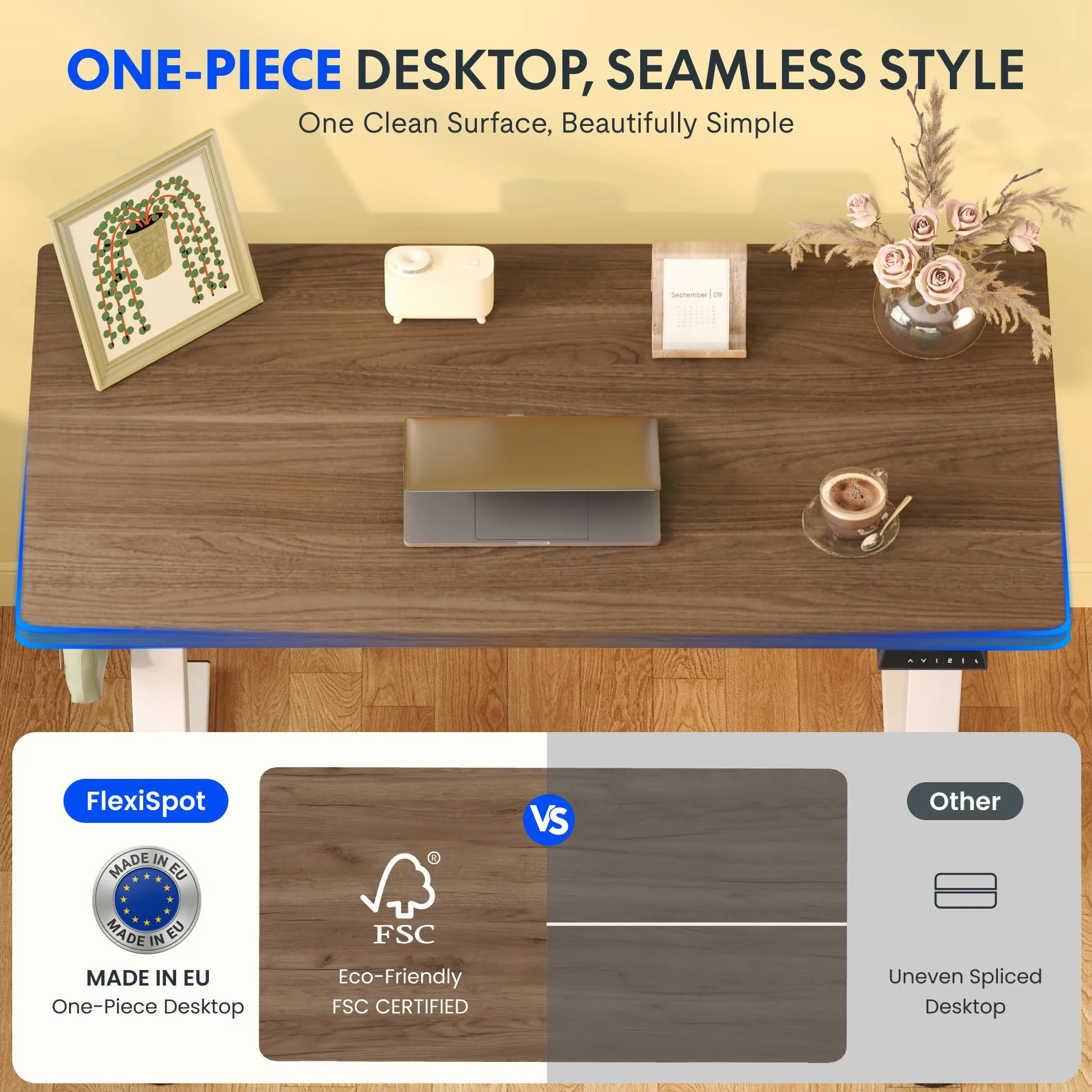 FLEXISPOT Escritorio Elevable Eléctrico con Tablero Acabado de Roble Hecho en UE,140×80cm,Altura Ajustable 71-120cm,Capacidad 80 kg,para Oficina,Trabajo Remoto,Hogar y Empresa,Roble Café + Negro