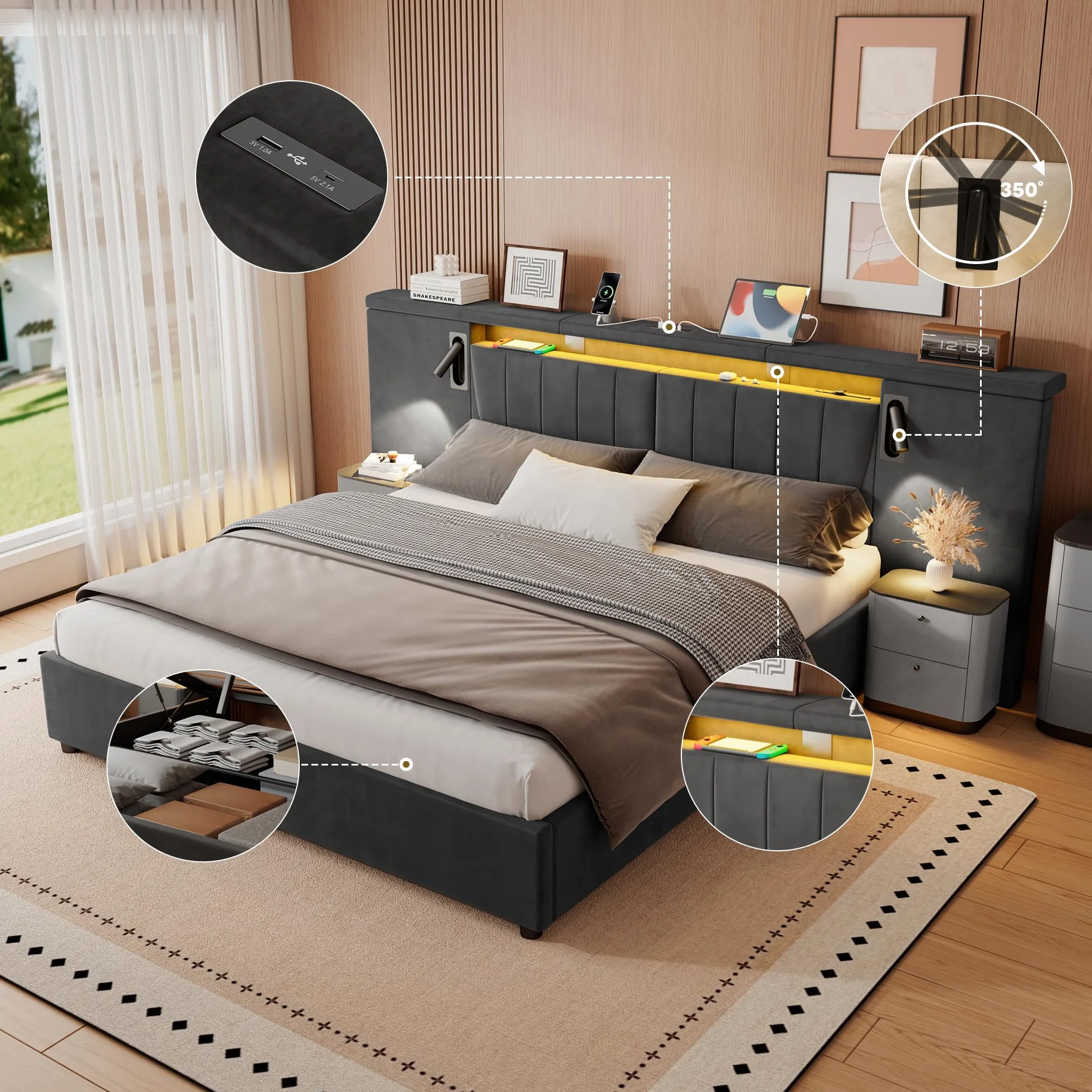 Cama 180x200 con LED y USB, Camas Matrimoniales con Almacenaje, Cama Matrimonio con lámpara de Lectura, Cama Canape con Cabecero, Estructura Cama Doble con Somier, Sin Colchón,Terciopelo (Gris)