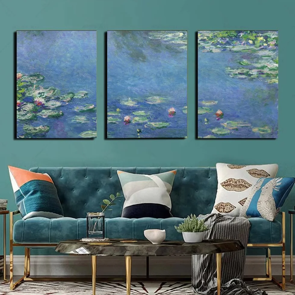 Cuadro de lienzo enmarcado de 3 paneles, Nenúfares 1906 de Claude Monet, lámina artística, póster, imágenes modernas, decoración para el hogar 60x85cm/24x34inx3marco interior