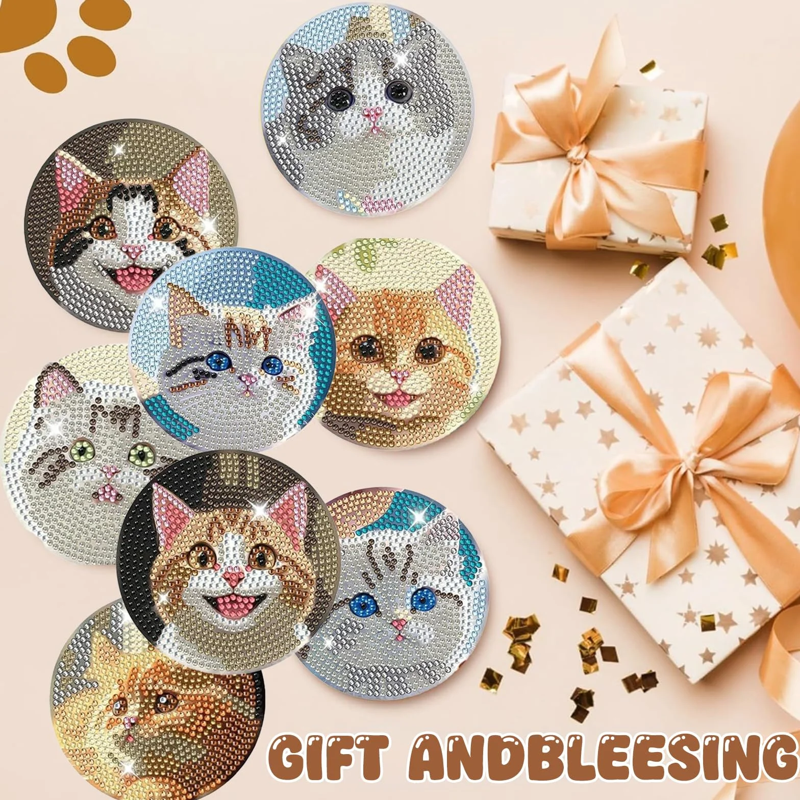 8 Piezas Posavasos de Pintura Diamantes Gato con Soporte Antideslizante Juego de Manualidades para Adultos