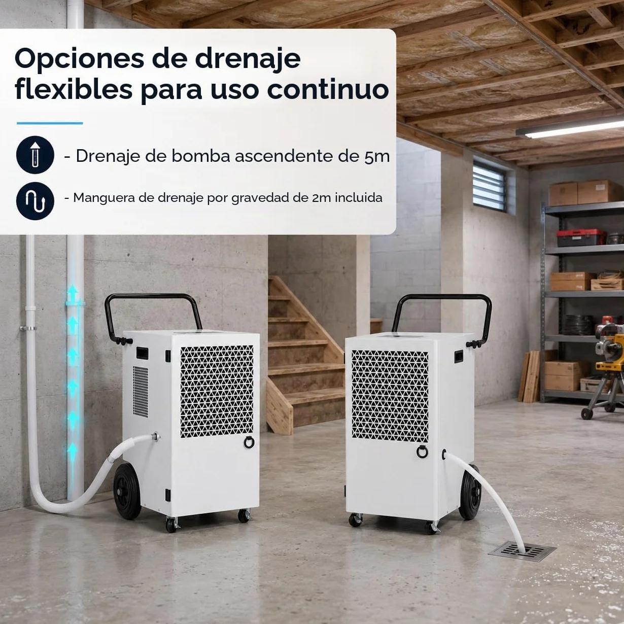 Deshumidificador Eléctrico Grande Industrial 120L/Día: Deshumificadores de Humedad con Bomba Compresor y Manguera de Drenaje 300m²/600m³ Cubierta Portátil Temporizador 24H Secado de Lavandería