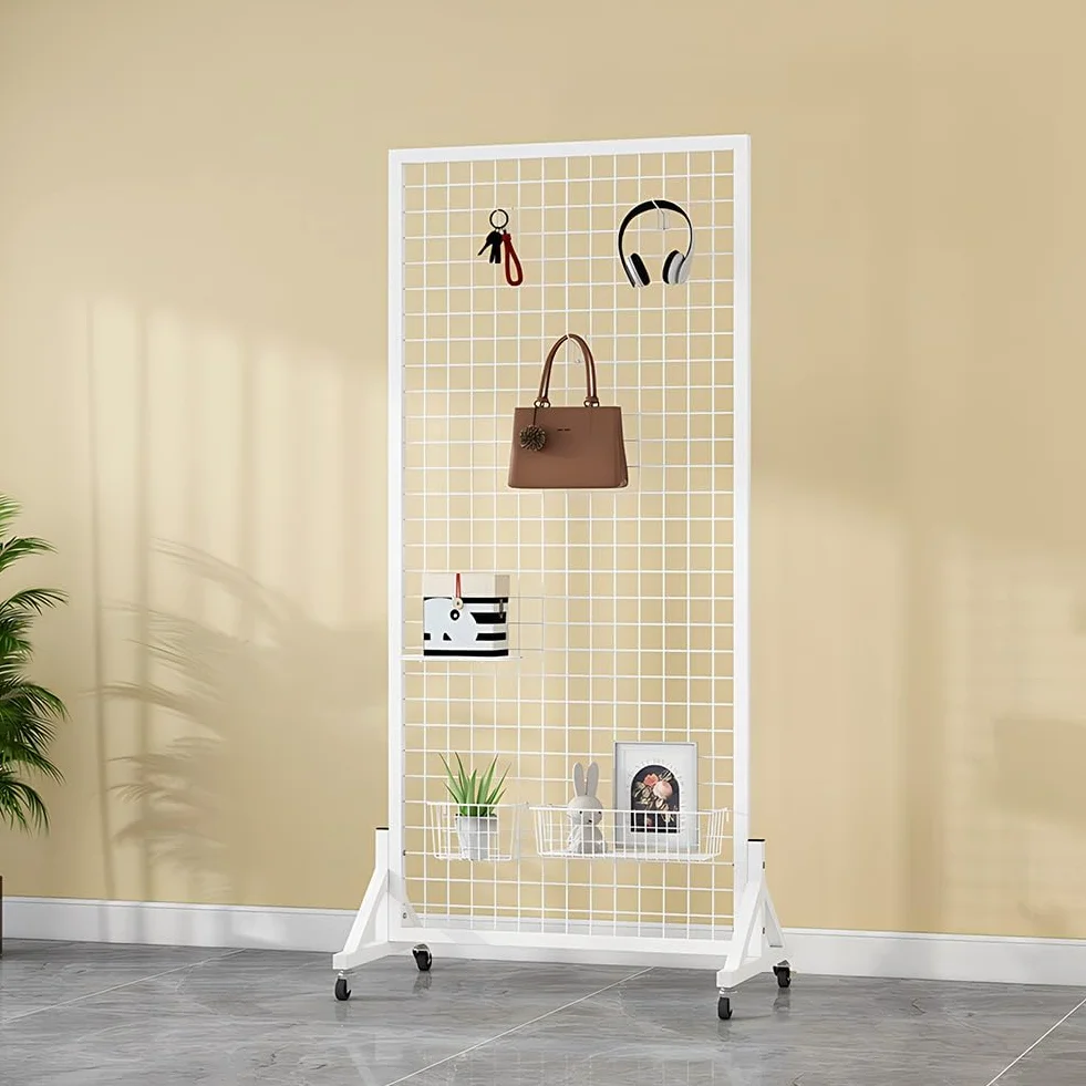 Expositor De Pie para Paneles Gridwall Estante De Almacenamiento Móvil De Malla Metálica con 4 Ruedas 60x40x120cm Blanco