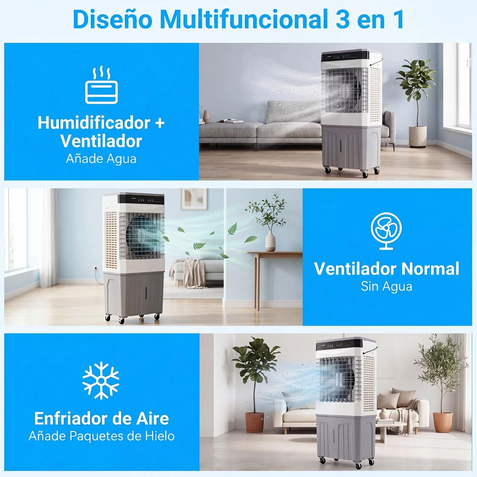 COSTWAY 3 en 1 Climatizador Evaporativo, Enfriador de Aire Portatil con 3 Velocidades, 2 Modos, 12H Temporizador, Ventilador con Ruedas, Oscilación de 70º/90° y Cubetas de Hielo (49 x 31 x 109 cm)