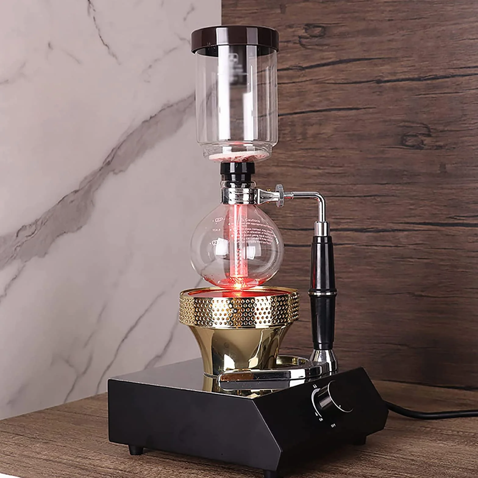 Cafetera sifón, quemador de café con sifón, estufa de calefacción de haz halógeno, pantalla digital LCD, interruptores giratorios de calor ajustable, sin llama abierta, control de temperatura y