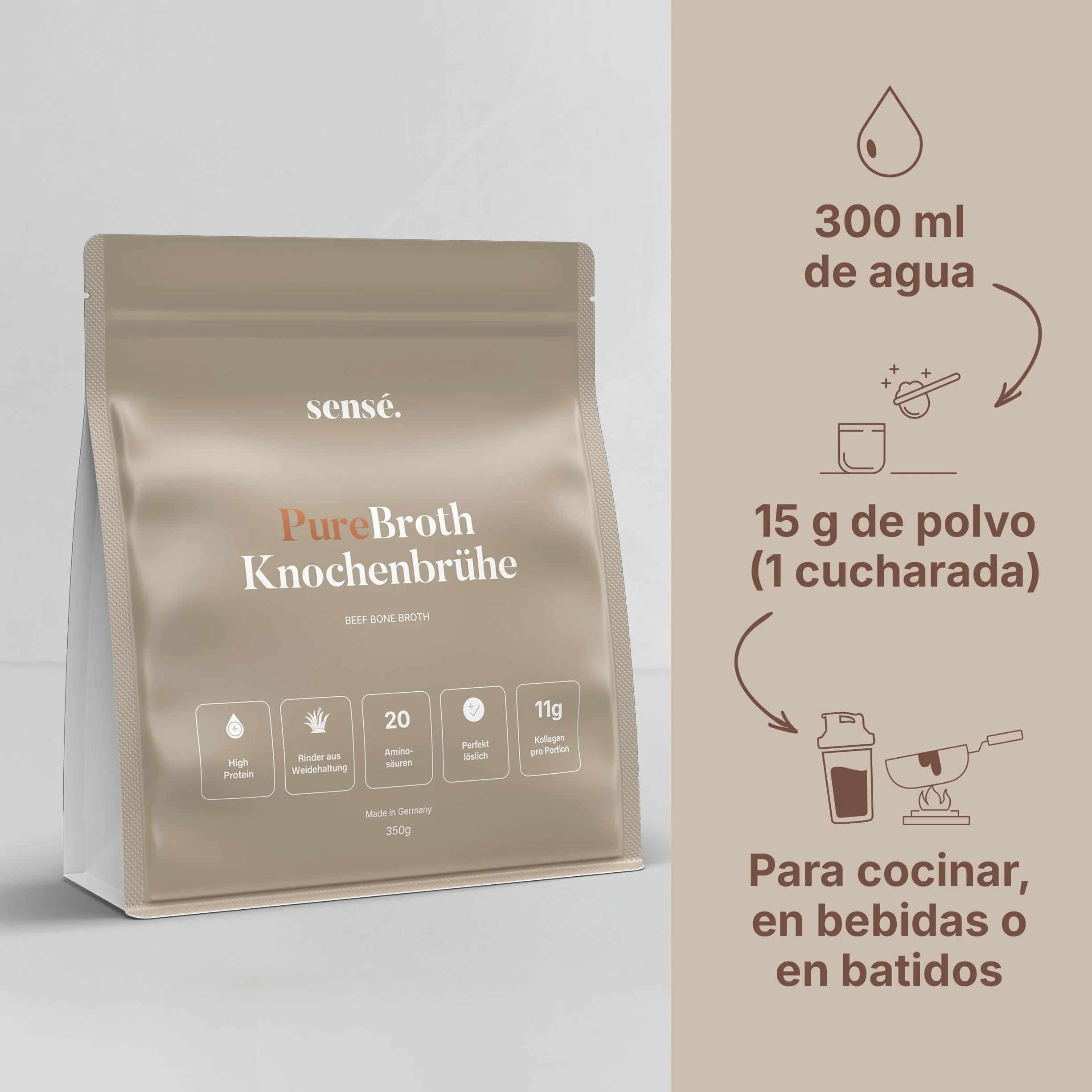 Polvo de caldo de huesos de ganado de pasto bioactivo 350 g colágeno tipo 1,2 y 3 alto contenido en proteínas