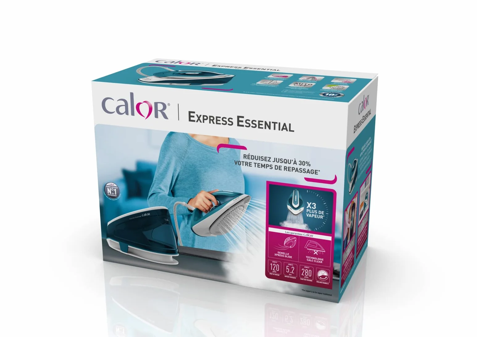 Calor Express Essential - Centro de planchado (5,2 bares, flujo de vapor, 120 g/min, función de Pressing 280 g/min, depósito de agua, 1,4 L, antical, modo ecológico, planchado vertical