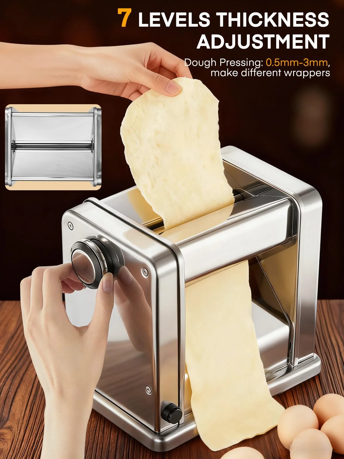 FOHERE Máquina de Pasta Fresca Eléctrica con 2 Cuchillas (1.5 mm/6.6 mm) y 7 Grosores Ajustables de 0.5-3 mm, Acero Inoxidable para Hacer Fideos Espaguetis Raviolis, Plata