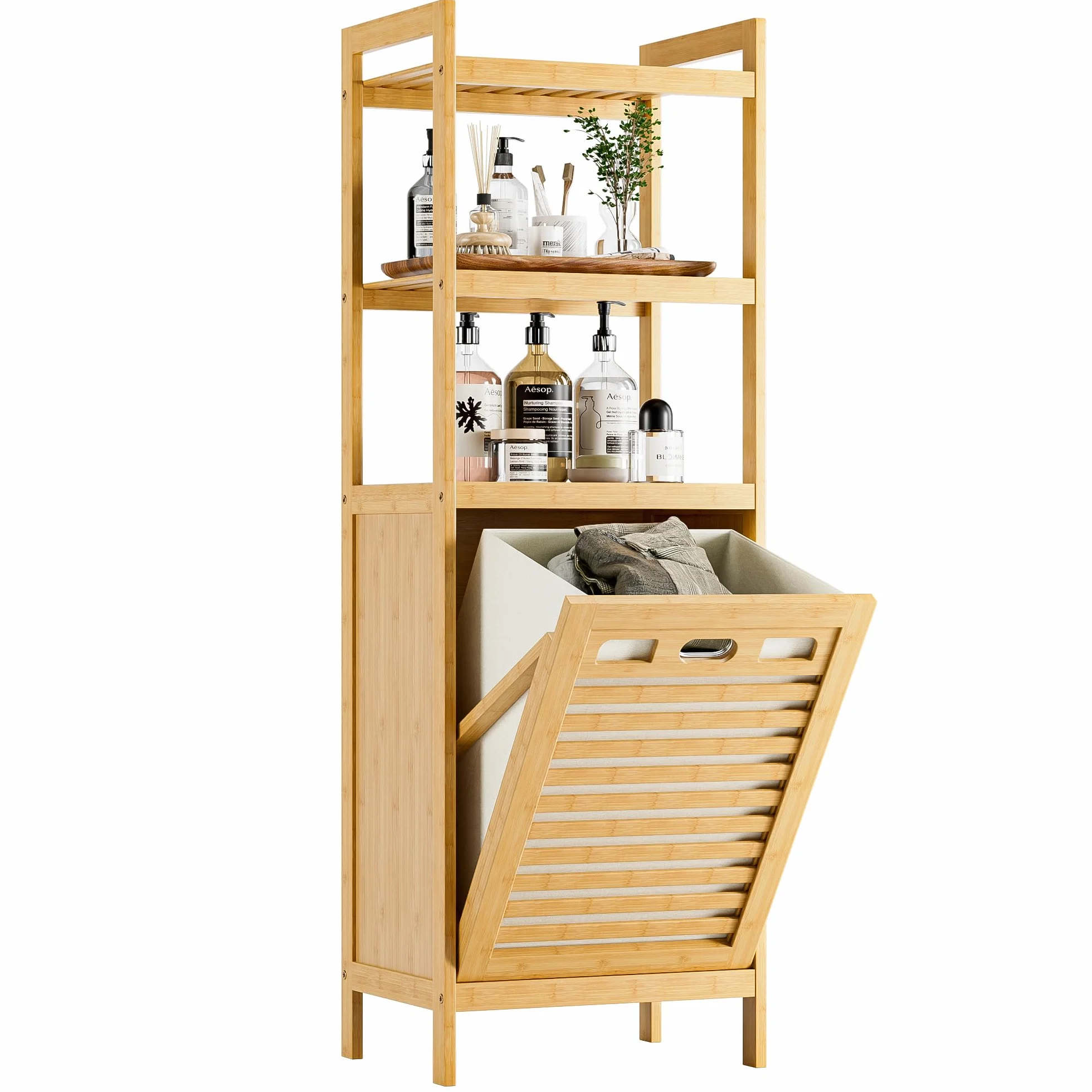 HITNET Armario de Baño con Cesto Ropa Sucia, Mueble Ropa Sucia de Bambú, 40L Bolsa Interior Extraíble con Asas y 3 estantes Abiertos, para Lavadero,Sala de Estar y Dormitorio, Natural