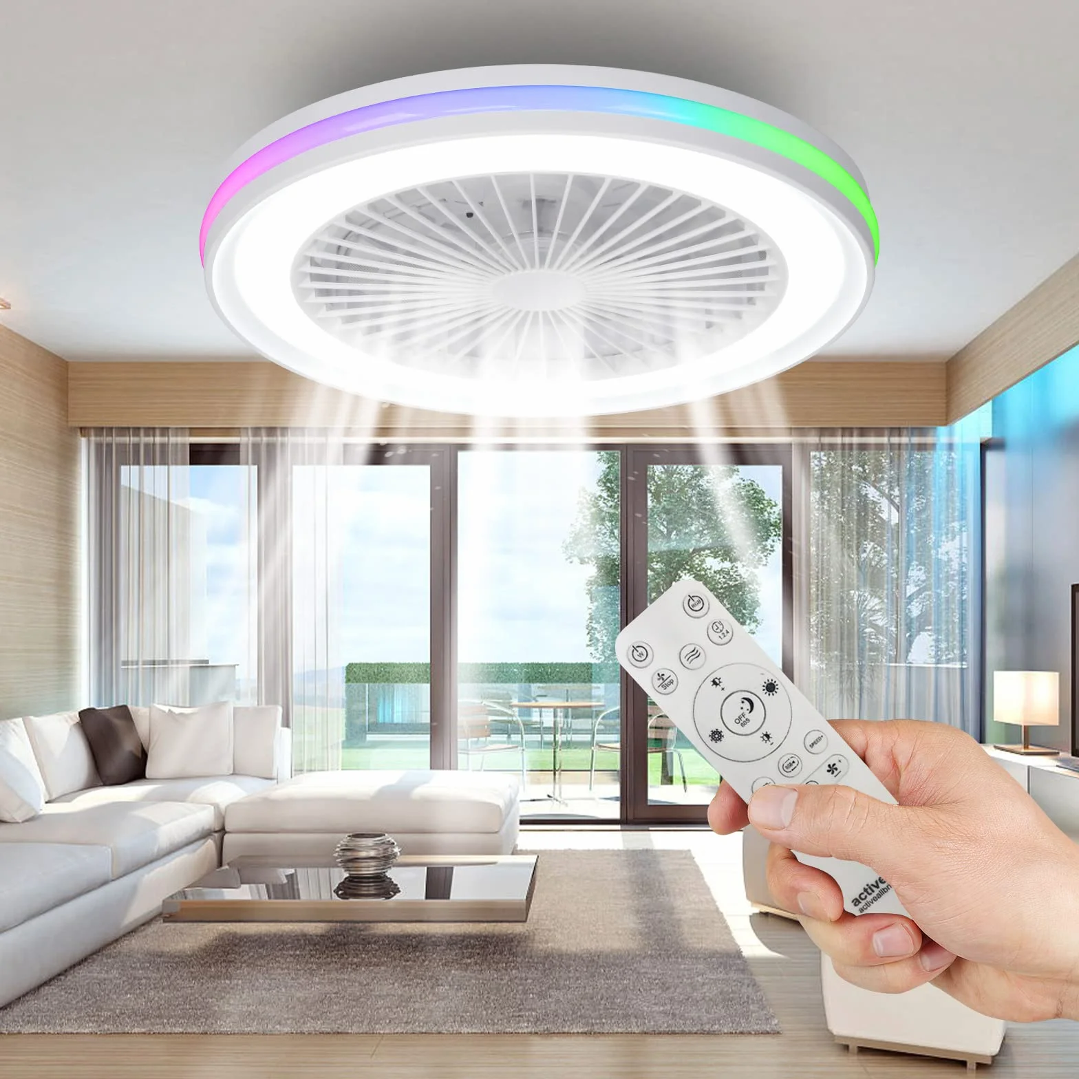 activeallbrite Ventilador de Techo con luz，Motor DC 20W LED 40W, RGB 3000K-6500K ，Velocidad del Viento ajustable con Control Remoto, Adecuado Para 10㎡-13㎡ Cocina, Sala de estar, Dormitorio，Ø47CM