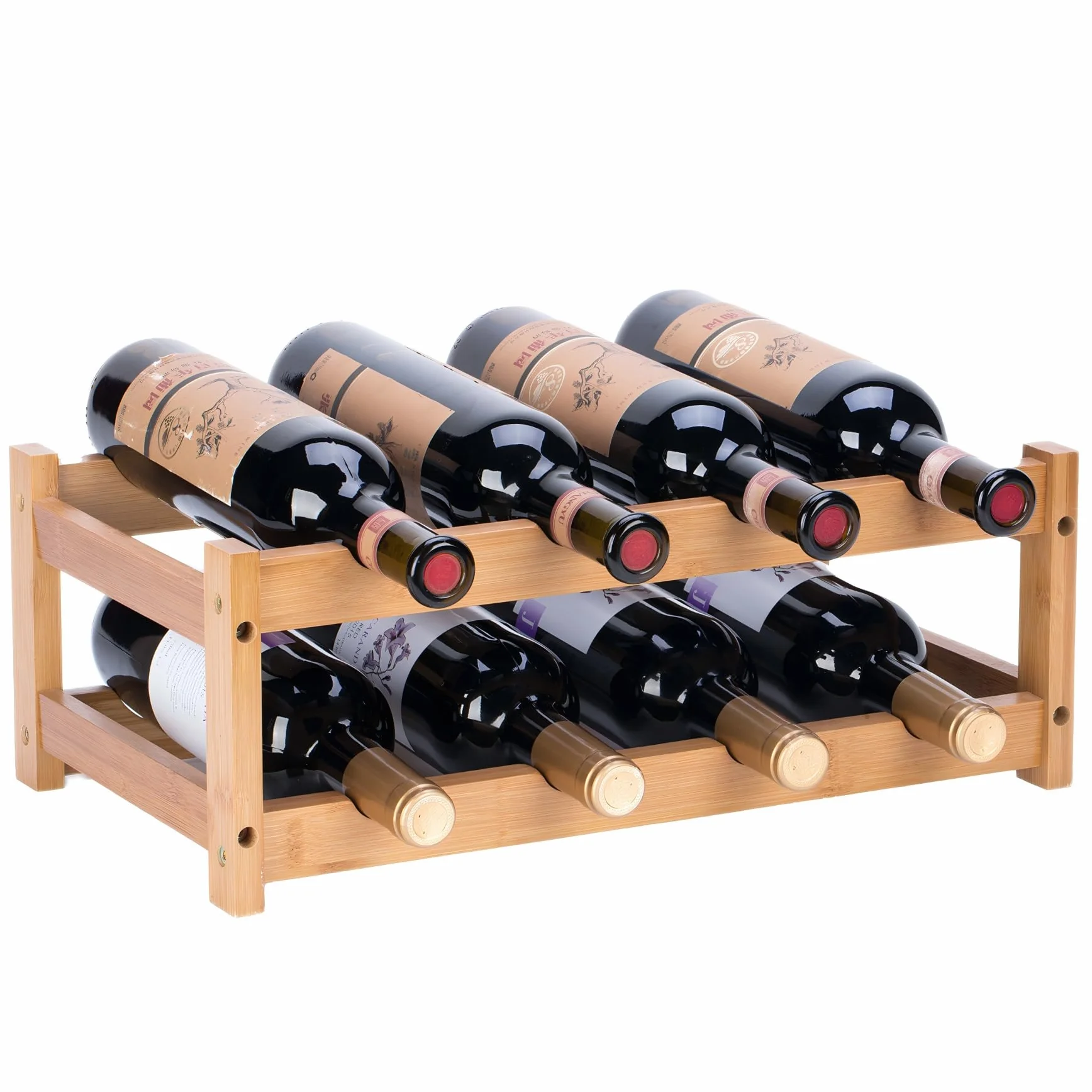 YunNasi Botellero Vino, Botellero Vertical de Bambú, Botellero Apilable de Mesa, Expositor Vino para Cocina Bar Bodega Vinoteca(2 Niveles-8 Botellas)