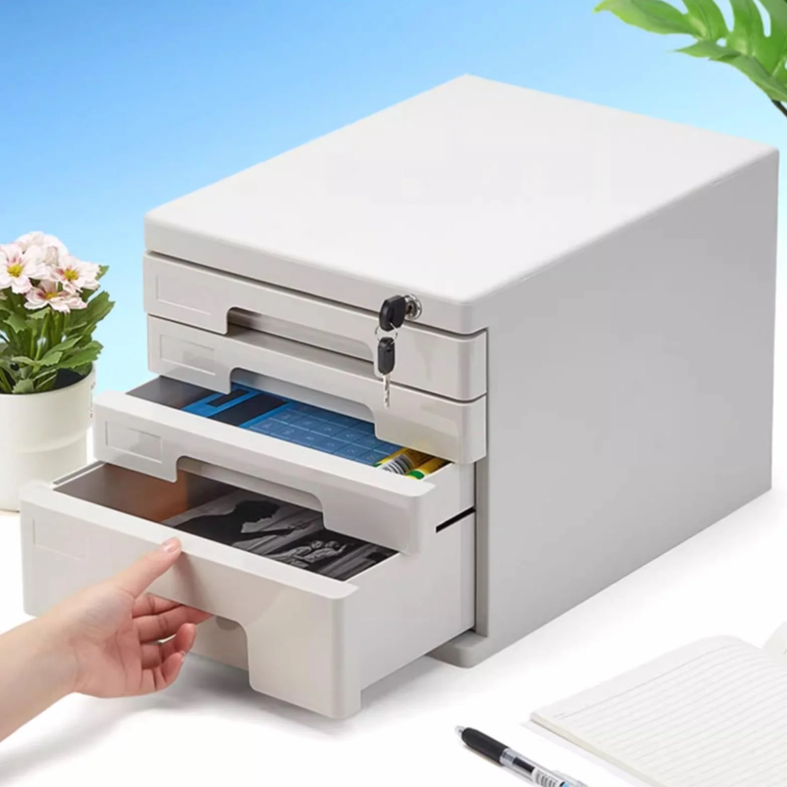 Archivador de 4 capas con cerradura, almacenamiento multifuncional para documentos A4, clasificación, suministros de oficina, ideal para el hogar y el espacio de trabajo (gris)