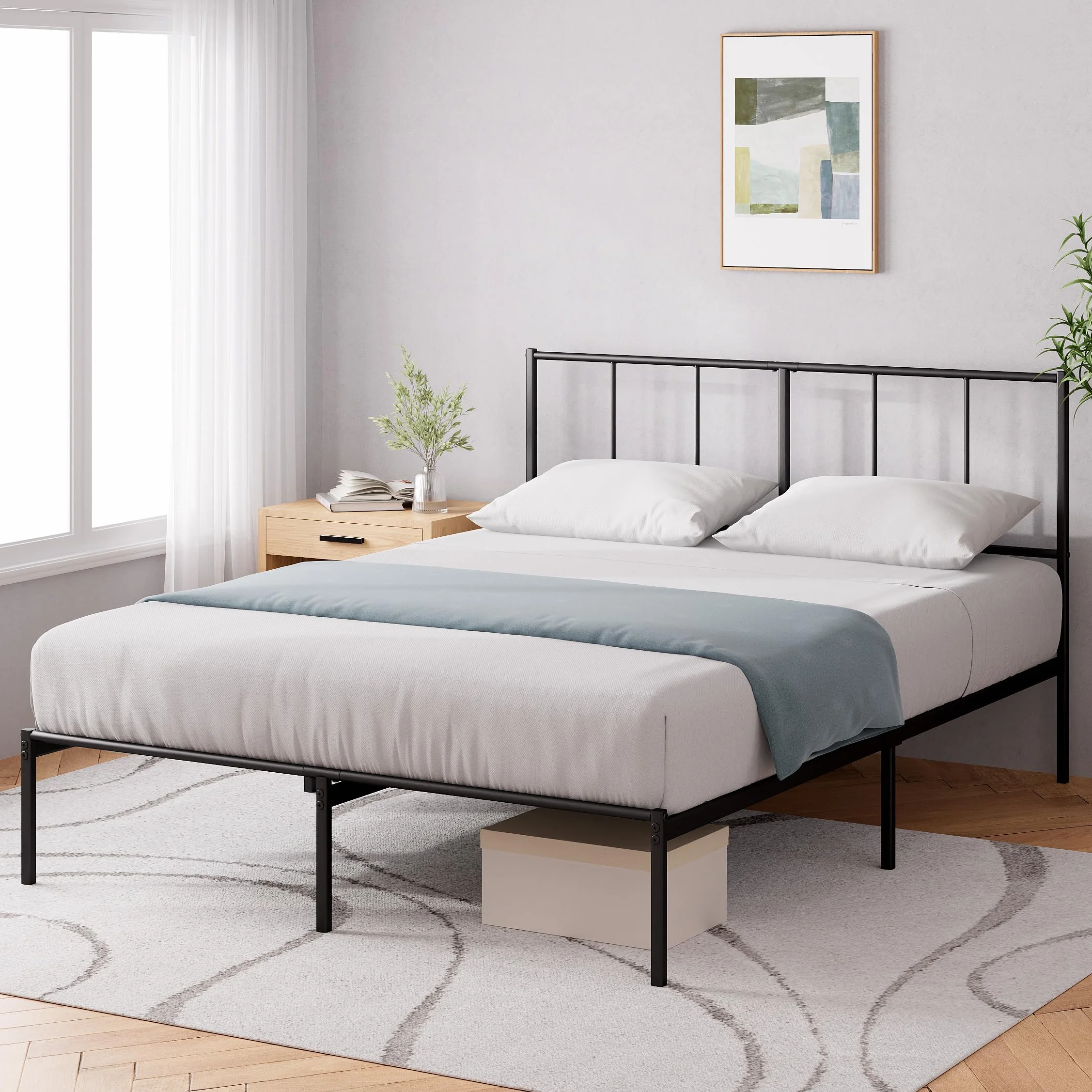 Zinus Justin Somier 135x190 cm - Altura 30 cm - Base Cama Matrimonio en Acero con Cabecero - Láminas de Metal - Montaje Fácil- Espacio de Almacenamiento - Negro