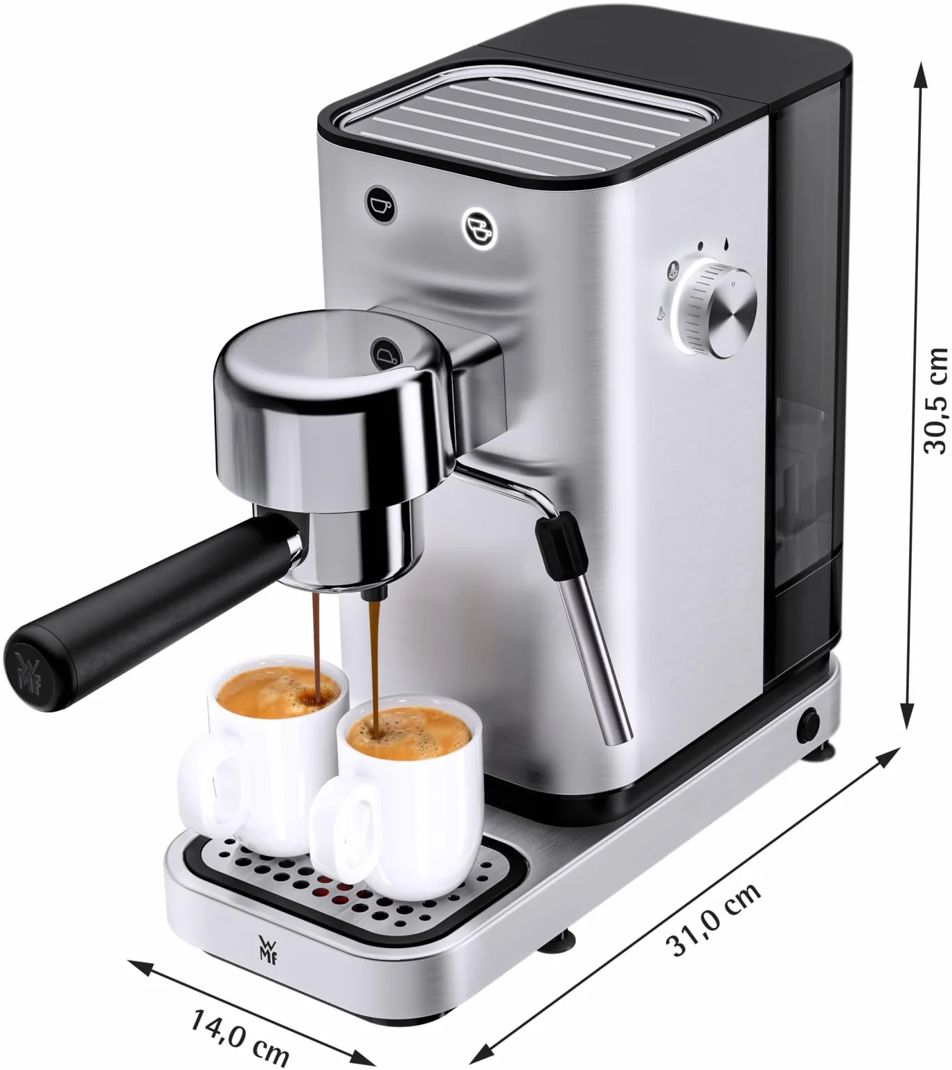 WMF Lumero - Cafetera expreso con 3 portafiltro, 1400 vatios, para 1-2 tazas de expreso, 15 bares, reposavasos, espumador de leche, prensador de café, luz led, acero inoxidable mate
