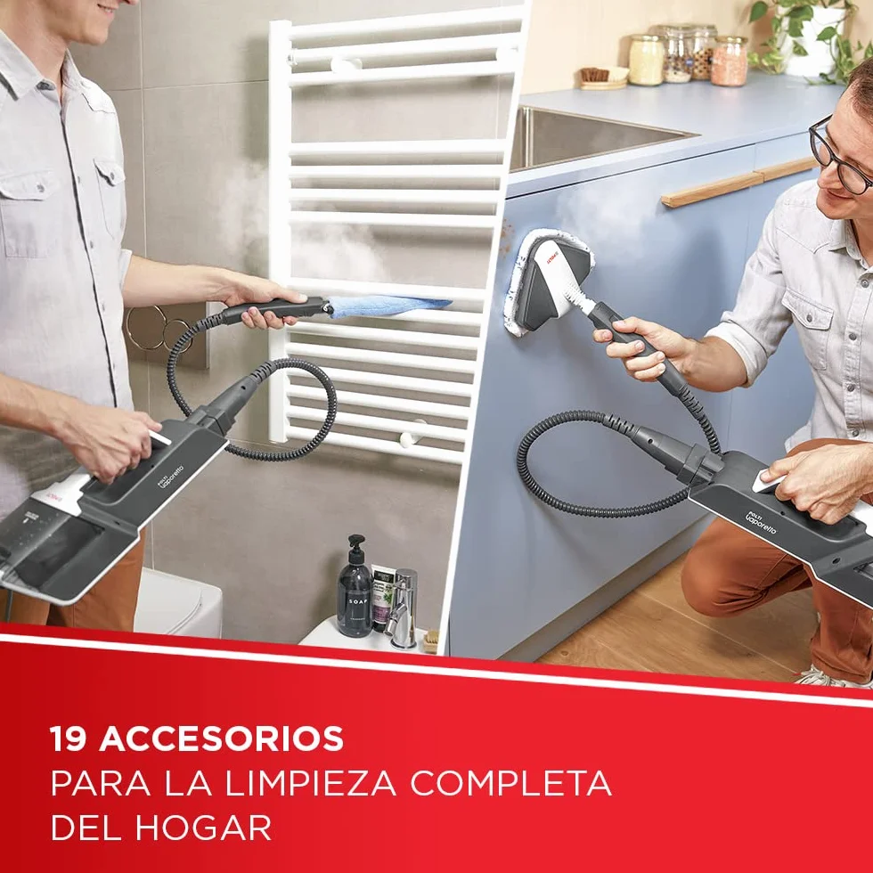 Polti Vaporetto SV650 Style Mopa a Vapor 2 en 1, 1500 W, 3 Niveles de Vapor, 19 Accesorios, Rojo/Blanco