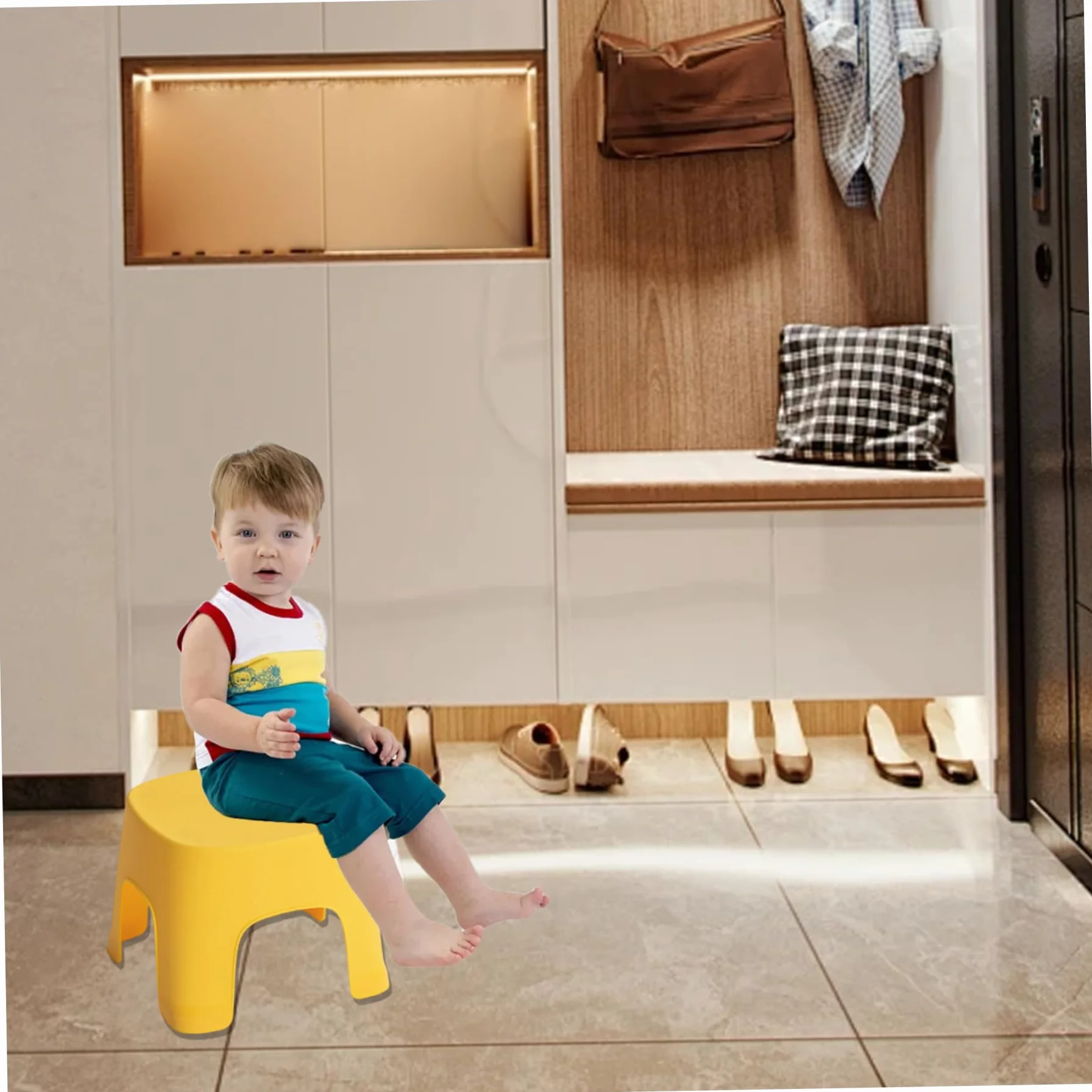 Taburete Infantil PVC 8x8x6 Pulgadas Apilables para Baño, Inodoro, Zapato Amarillo