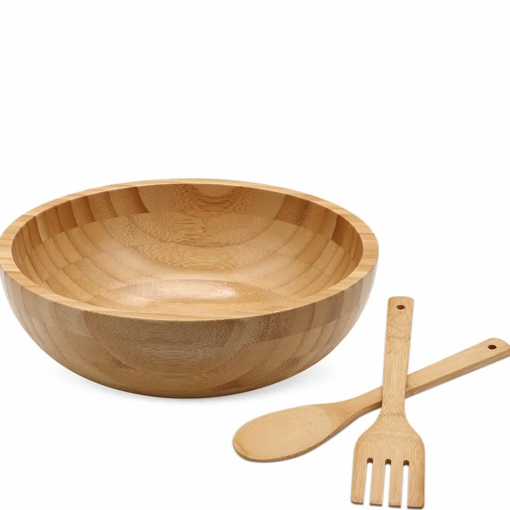 Ensaladera de bambú de 10 pulgadas con 2 utensilios, cuenco grande de madera para mezclar, utensilios de cocina ecológicos, ideal para ensaladas, frutas y mucho más
