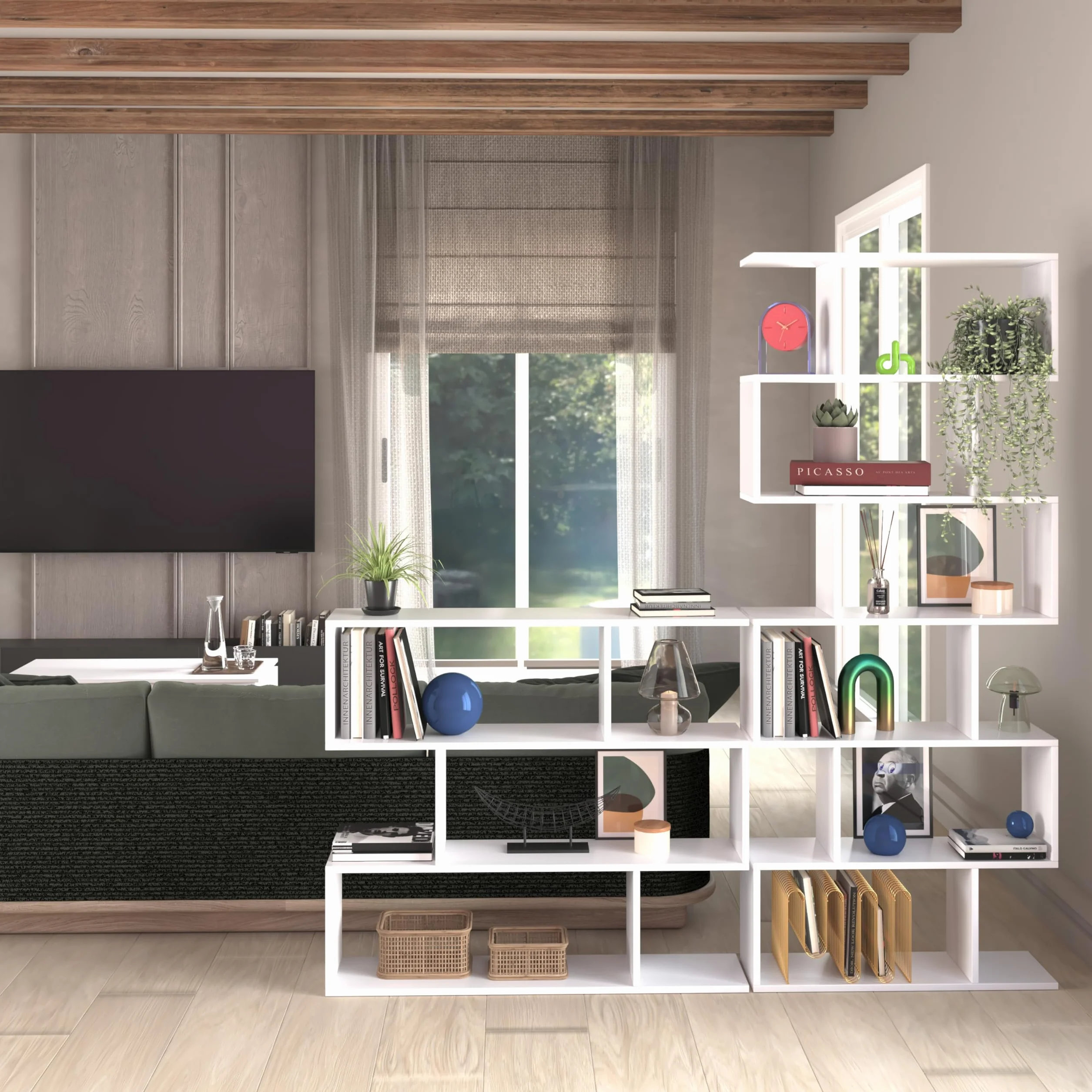 duehome | Estantería Salon, Libreria, Separador Ambientes, Modelo Zoe High, Color Blanco Brillo, Medidas: 80 cm (Ancho) x 192 cm (Alto) x 24 cm (Fondo)
