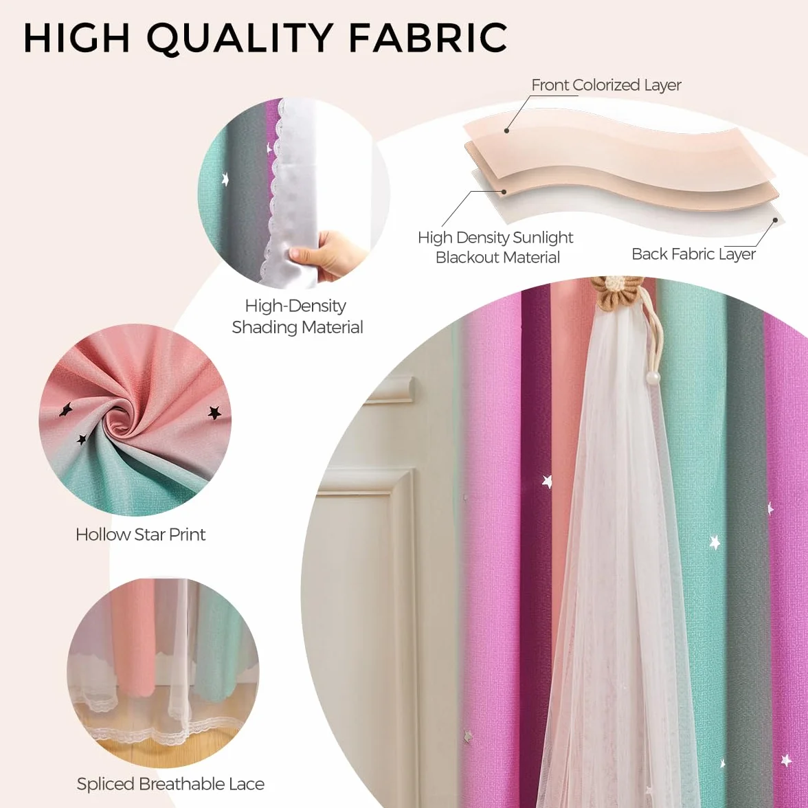 Cortinas Opacas Arcoíris 2 Paneles Princesas Niñas Decorativas Dormitorio Unicornio Rosa Púrpura Verde 132x213 cm
