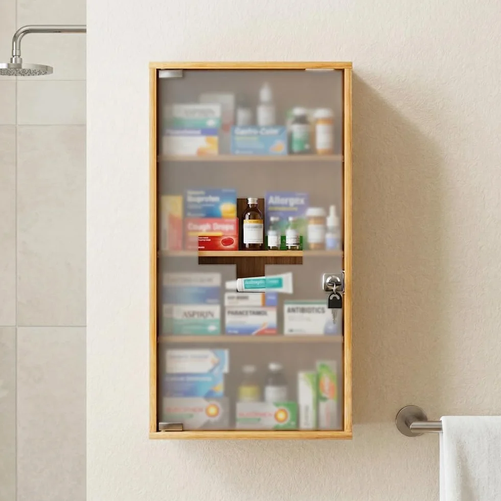 HEYZOEY Botiquín de bambú con cerradura 4 compartimentos 65 x 35 x 18 cm para medicamentos pared baño