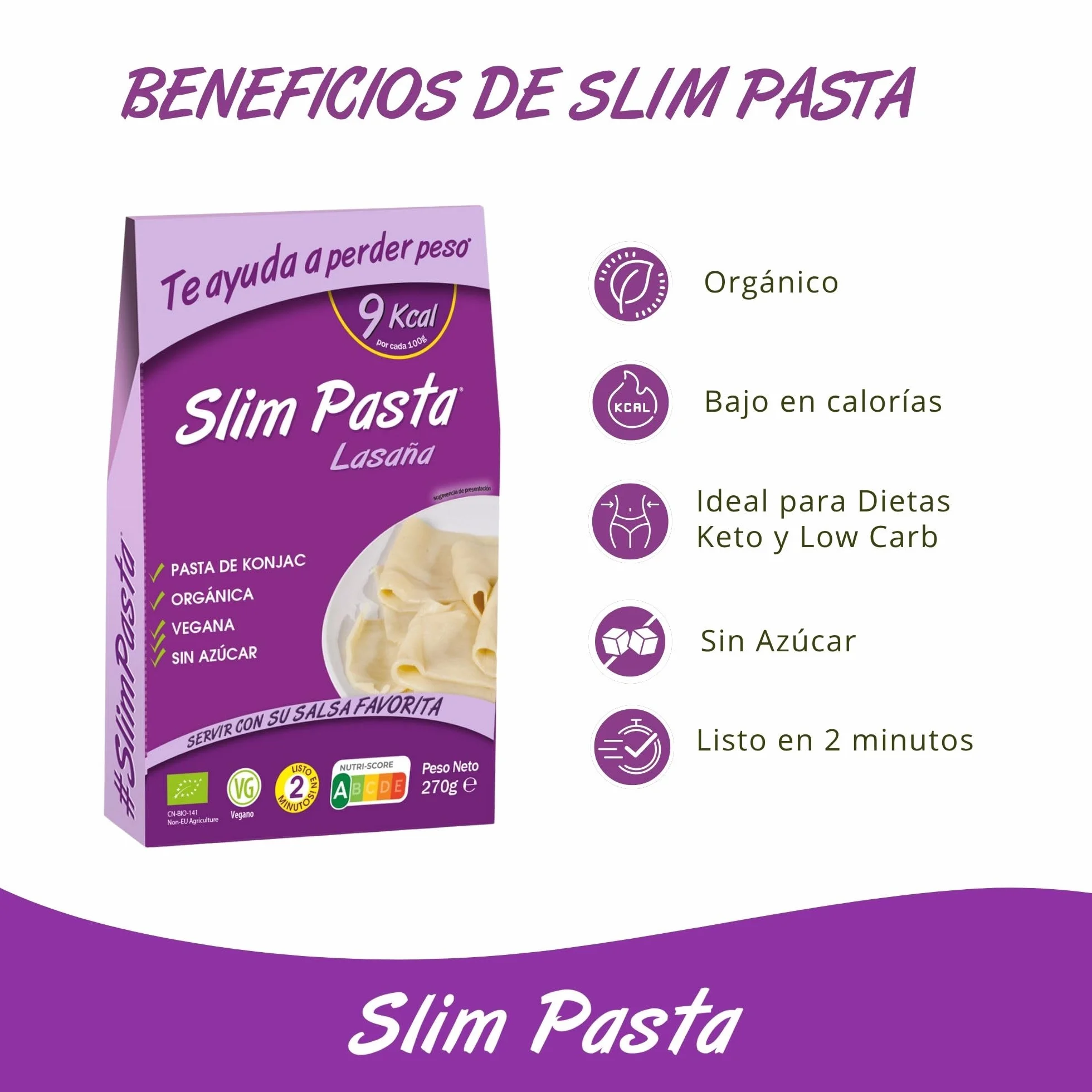 Slim Pasta Placas de Lasaña Vegana 270 g Baja en Calorías Dieta Keto