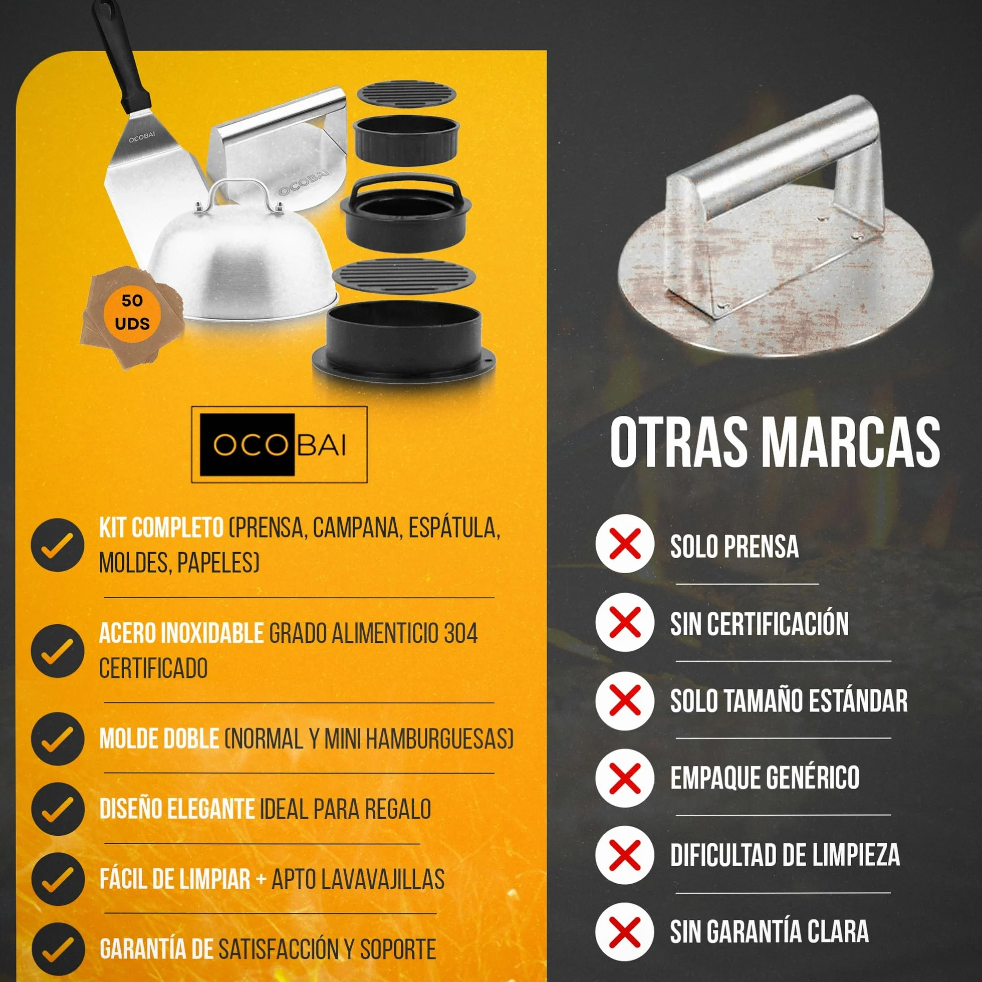 Kit Smash Burger Profesional 7 Piezas Aplastador de Acero 304 Molde Hamburguesas 3 en 1 Espátula Papeles