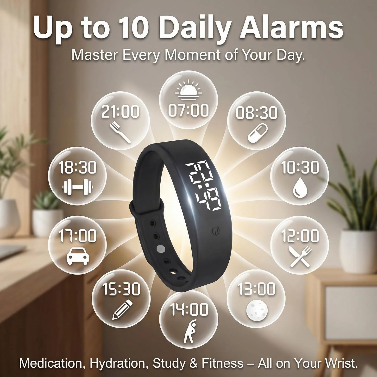 Pulsera Despertador Vibratorio, 2026 Neuvo Pulsera Multifuncional, 10 Alarmas Vibratorias Programables, Resistente al Agua Reloj Pulsera Despertador para Adultos, Persona con Deficiencia Auditiva