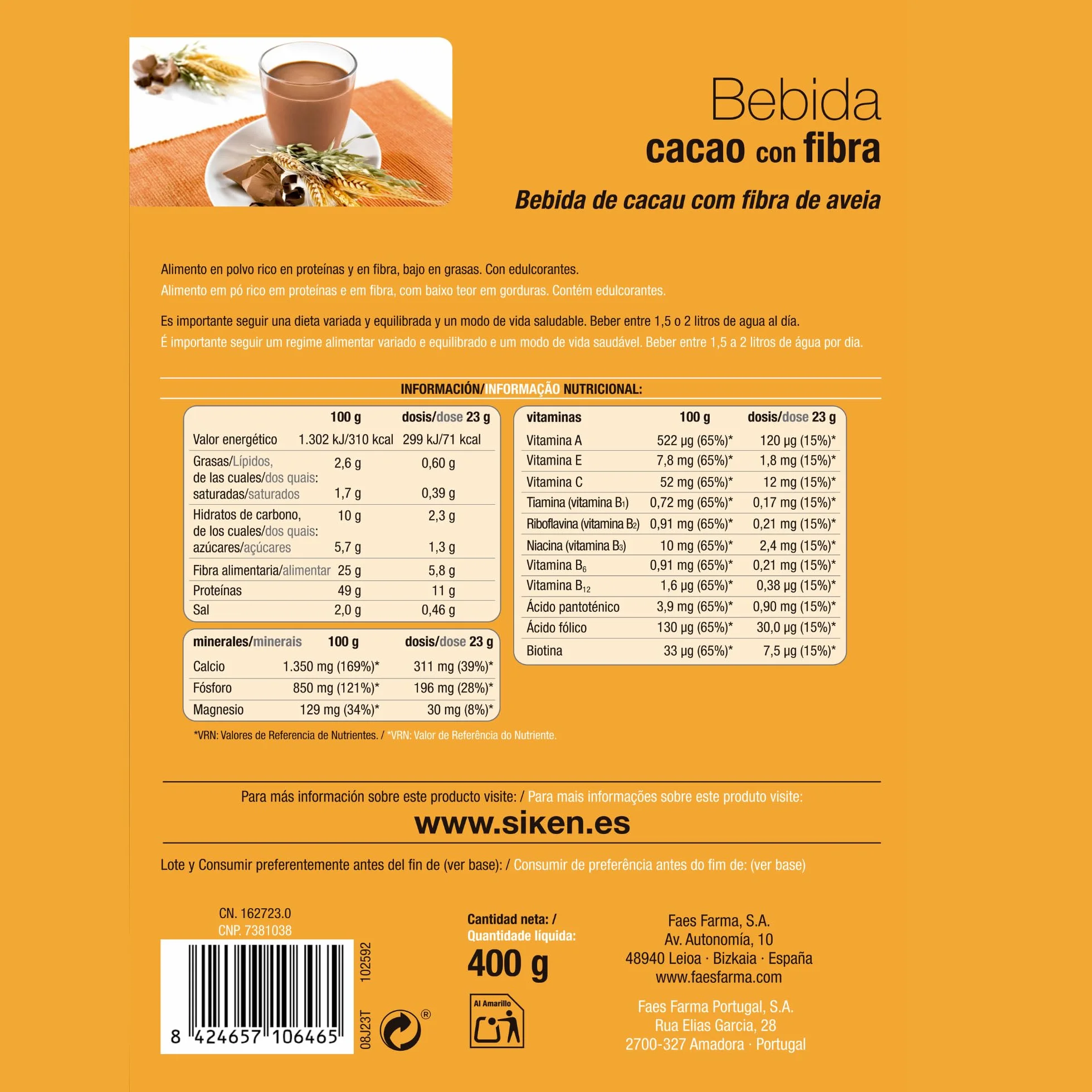 Siken Diet Bebida de Cacao con Fibra de Avena y Trigo 400 g