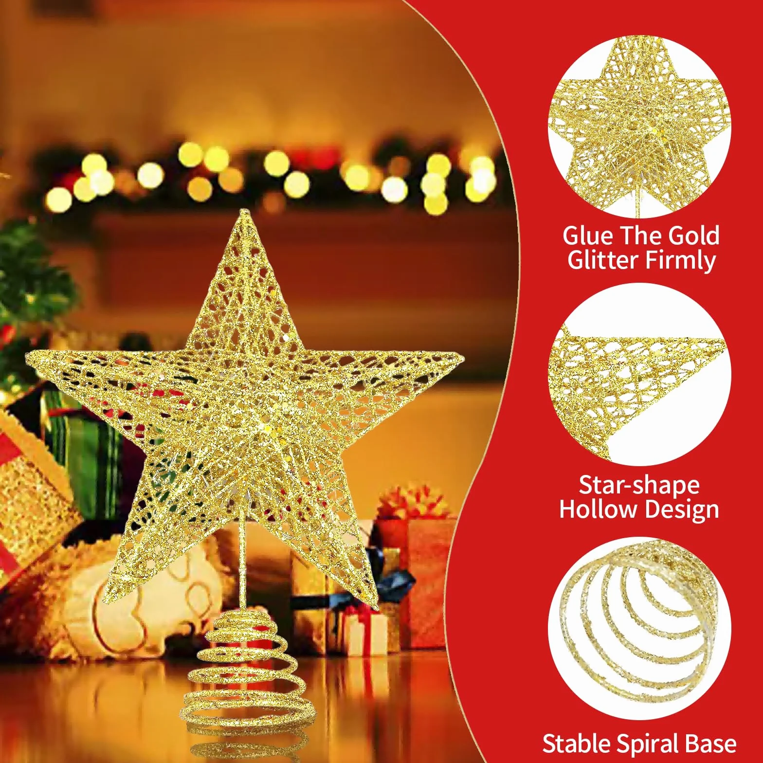 Estrella Arbol de Navidad Dorada, Grande Metal Brillante Estrella para Arbol de Navidad, Purpurina 20 cm Oro Estrellas Decoración Arbol de Navideño, Adorno Navideña para el Hogar