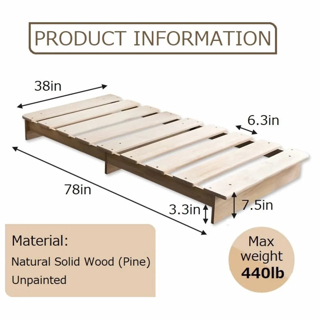 EMOOR Estructura de Cama Baja Listones de Madera KAN SUNOKO 97 x 197 cm para Futón Colchón Japonés Pino Macizo (Sin Pintar), Tatami Dormir en el Suelo