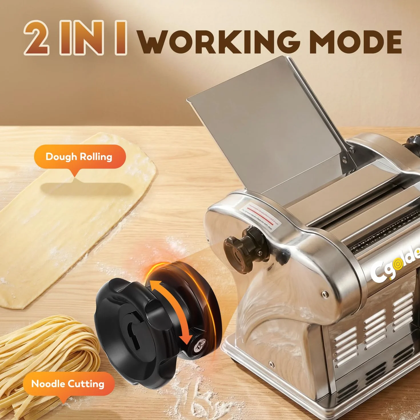 CGOLDENWALL Máquina de Pasta Eléctrica, Motor de 140W con 2 Cuchillas (1.5 mm/4 mm) y 9 Grosores Ajustables de 0.3-3 mm, Acero Inoxidable para Hacer Fideos Fresca Casera