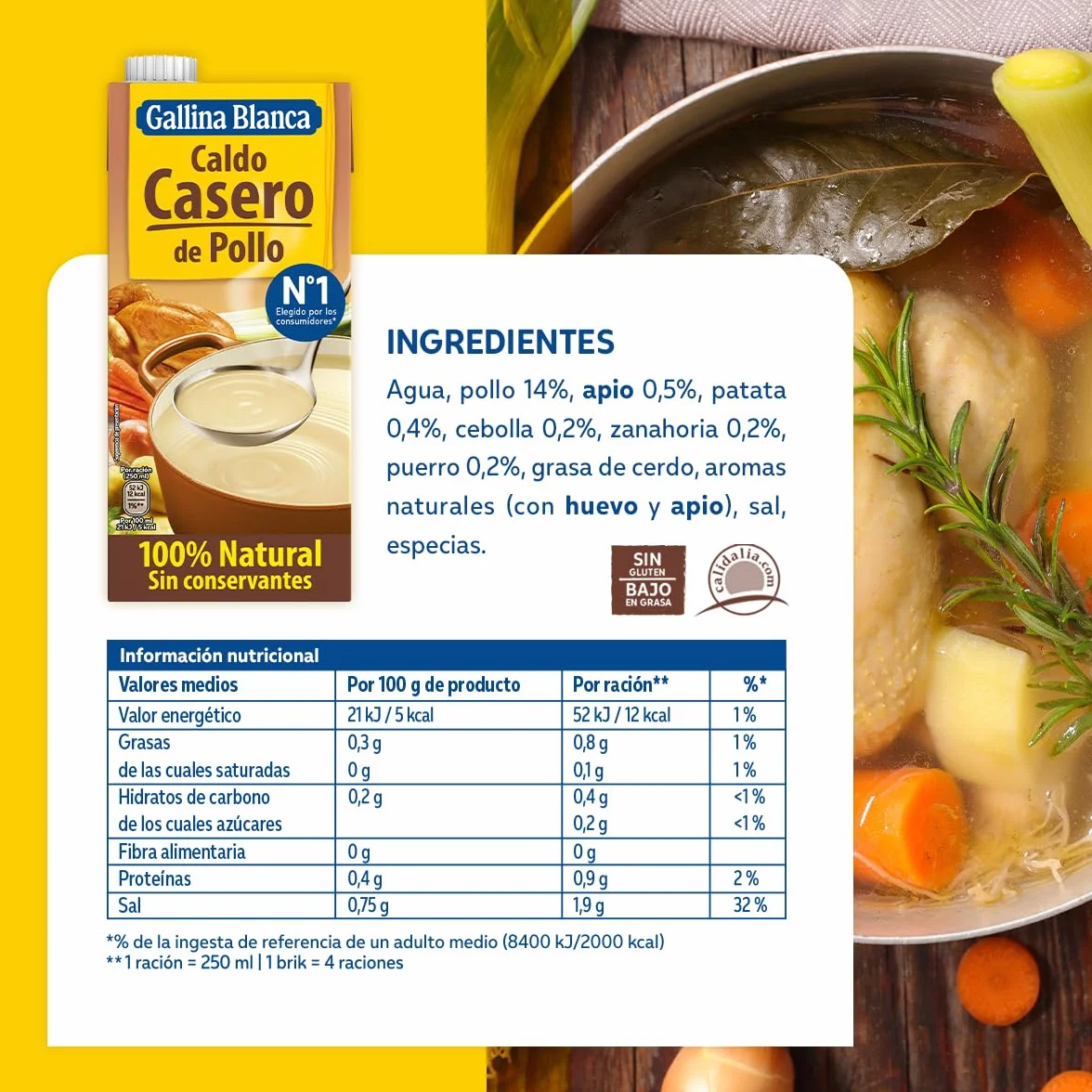 Gallina Blanca Caldo Casero de Pollo 100% Natural 1L Paquete de 4