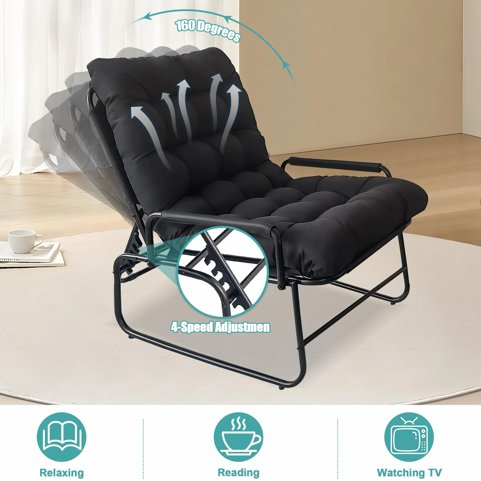 Sillón Reclinable con Reposapiés, Respaldo Ajustable en 4 Niveles, Sillon Relax, Poltrona Sala, Sillon de Lectura, Adecuado para Sala de Estar, Dormitorio, Balcó (Negro)