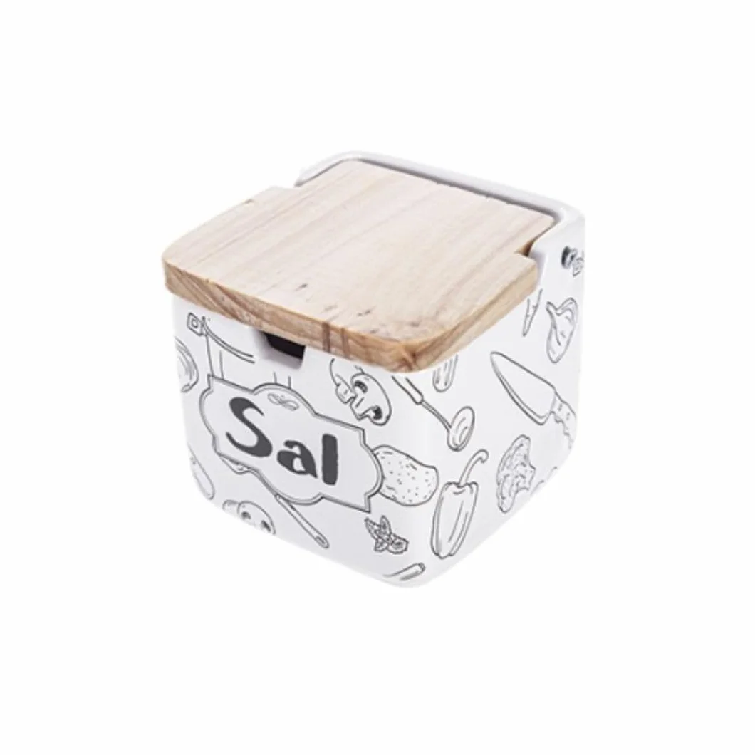 Salero Cerámica Decorado con Tapa de Madera 9x9x9cm – Recipiente para Sal – Diseño Original, Práctico y Resistente