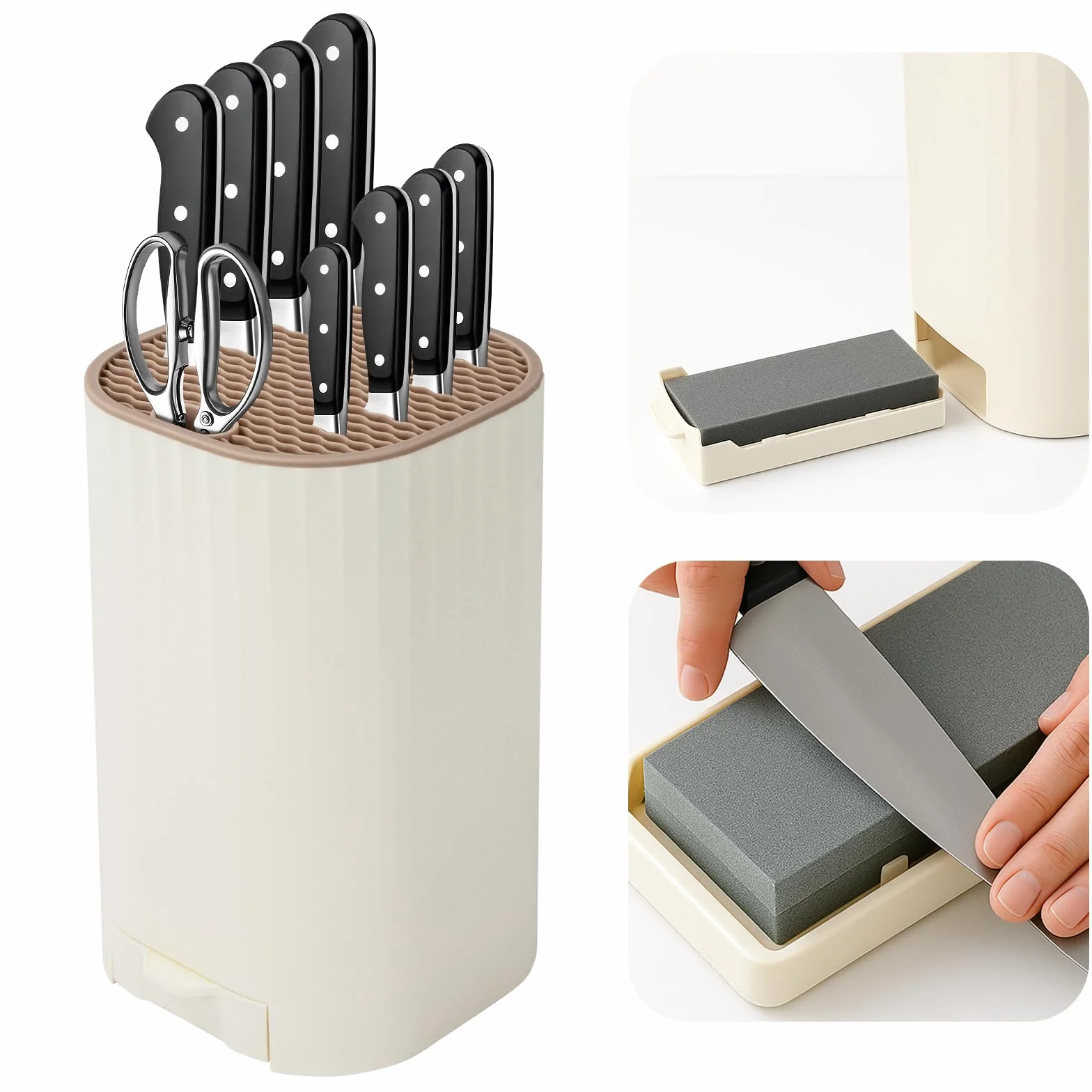 Bloque para Cuchillos sin Cuchillo, Qoosea 4 en 1 Soporte para Cuchillos con Ranura y Piedra de Afilar, Universal Desmontable Porta Cuchillo para Limpieza Fácil y Ahorra Espacio