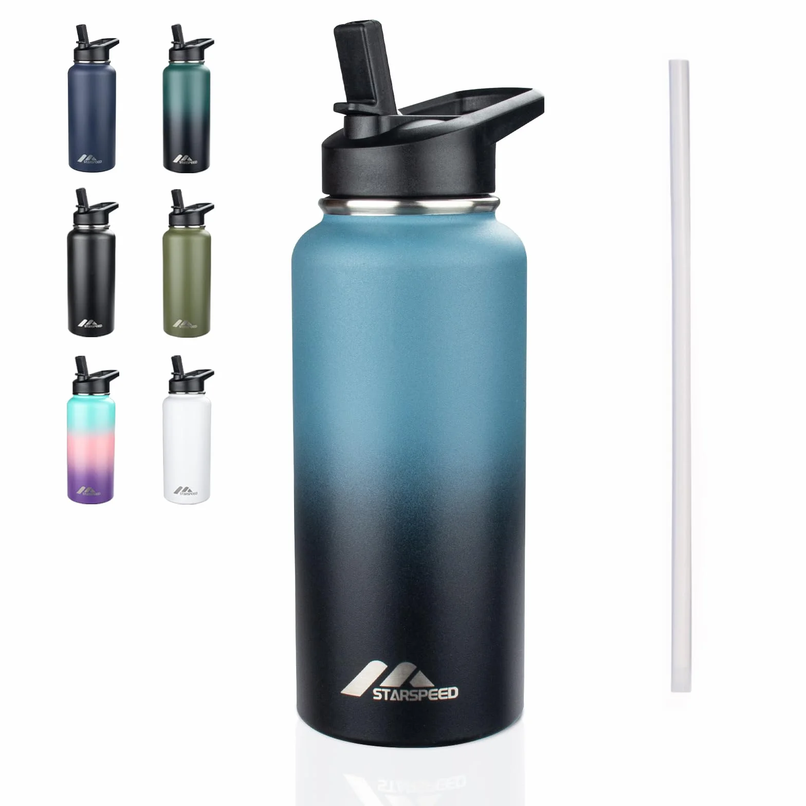 StarSpeed Botella de agua aislada de 32 onzas, termo de agua de acero inoxidable de doble pared, jarra de agua de vacío de 32 onzas, taza térmica deportiva de boca ancha con tapas de boquilla de