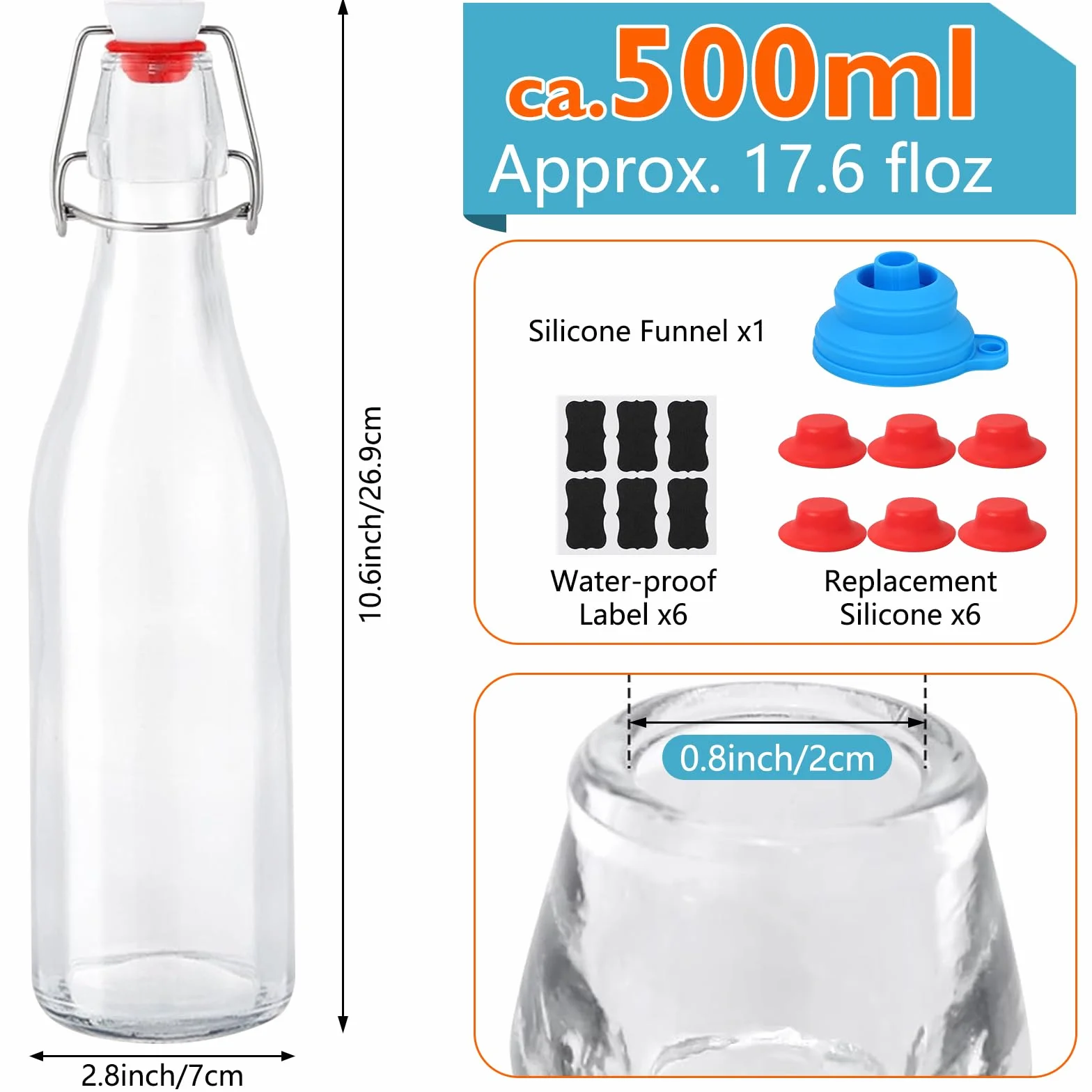 6 Botella Cristal 500ml con Tapón Hermético, Botella Cristal Reutilizable, Botella Vidrio con 6 Precintos Extra, 6 Etiquetas, Embudo, para Bebidas, Cerveza, Aceite, Zumo, Agua