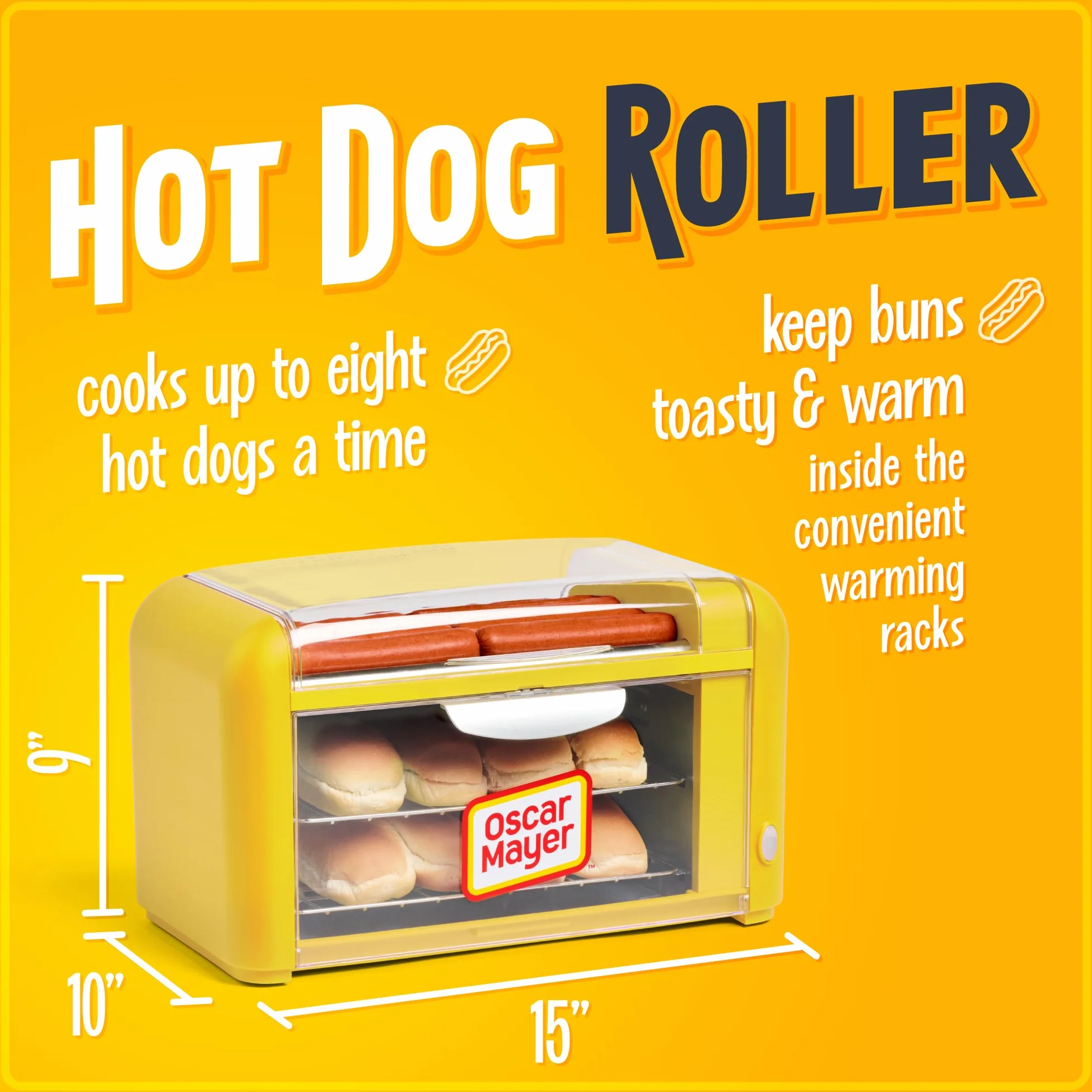 Oscar Mayer Calentador de rodillo y bollos para perros calientes, acero inoxidable, antiadherente