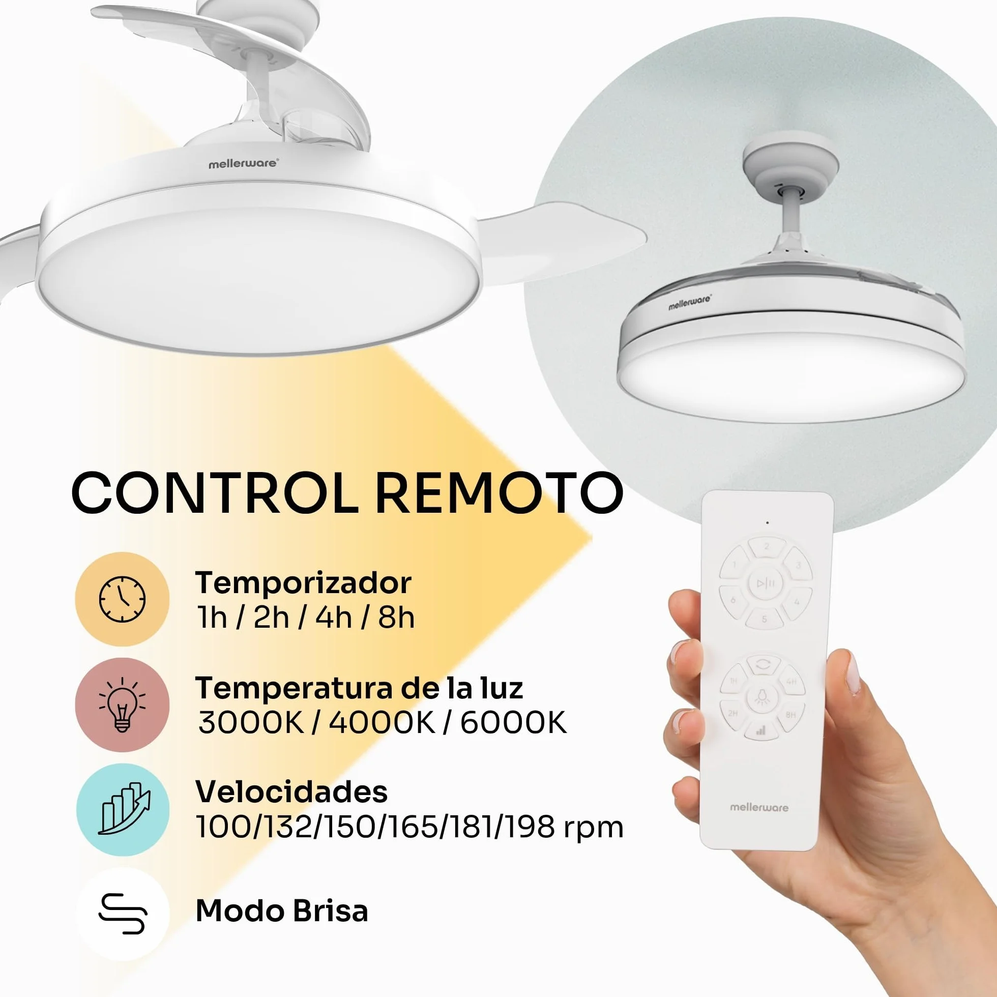 Mellerware - Ventilador de techo retráctil Brizy plegable de 40 W | 6 velocidades | 3 aspas | Ø 106 cm | Motor DC ultra silencioso | Temporizador | Función verano invierno | Luz LED