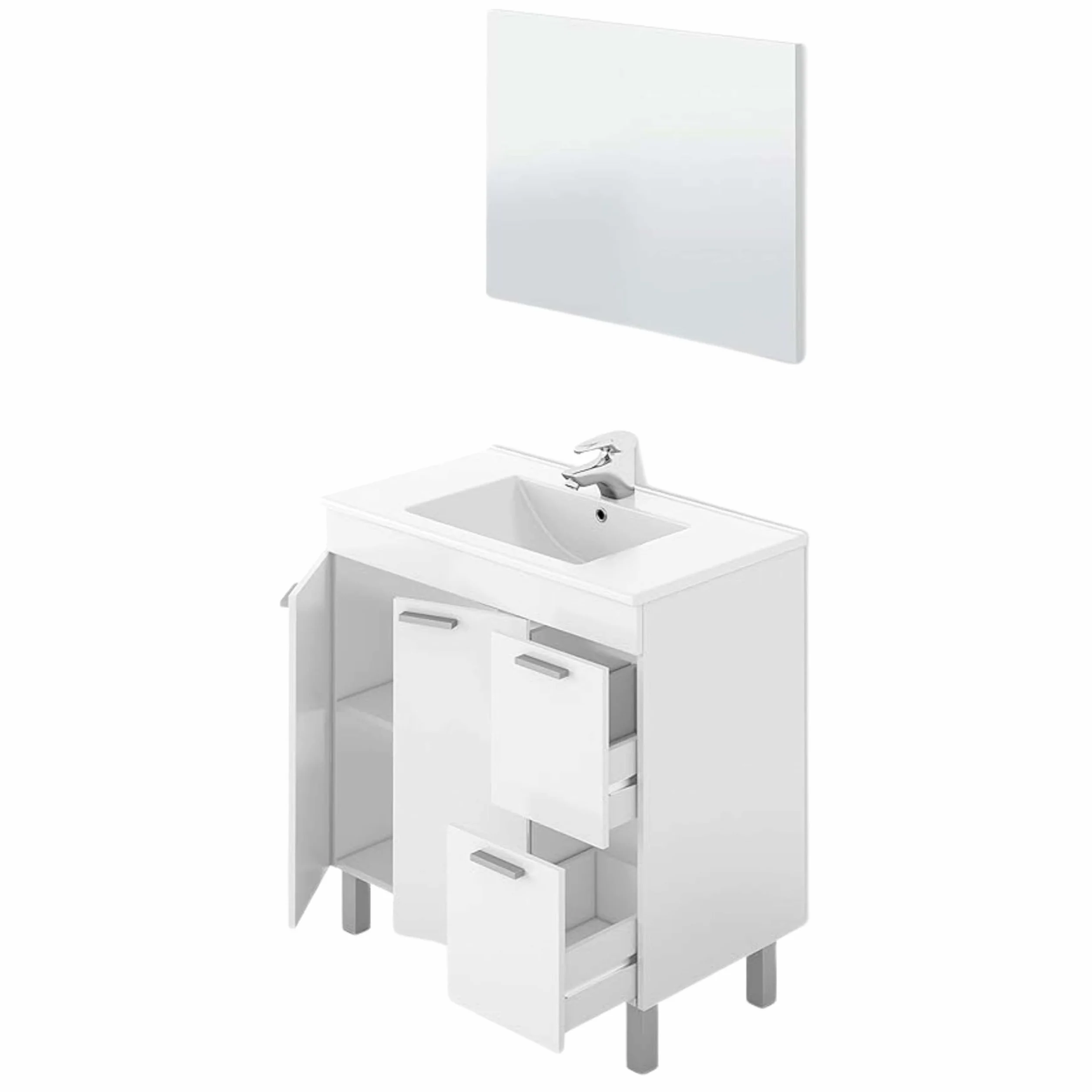ARKITMOBEL Mueble de Baño con 2 Puertas 2 Cajones y Espejo, Módulo Baño, Color Blanco Brillo, Medidas: 80 x 80 x 45 (Alto x Ancho x Fondo, en centímetros), Modelo Aktiva (Lavabo no Incluido)