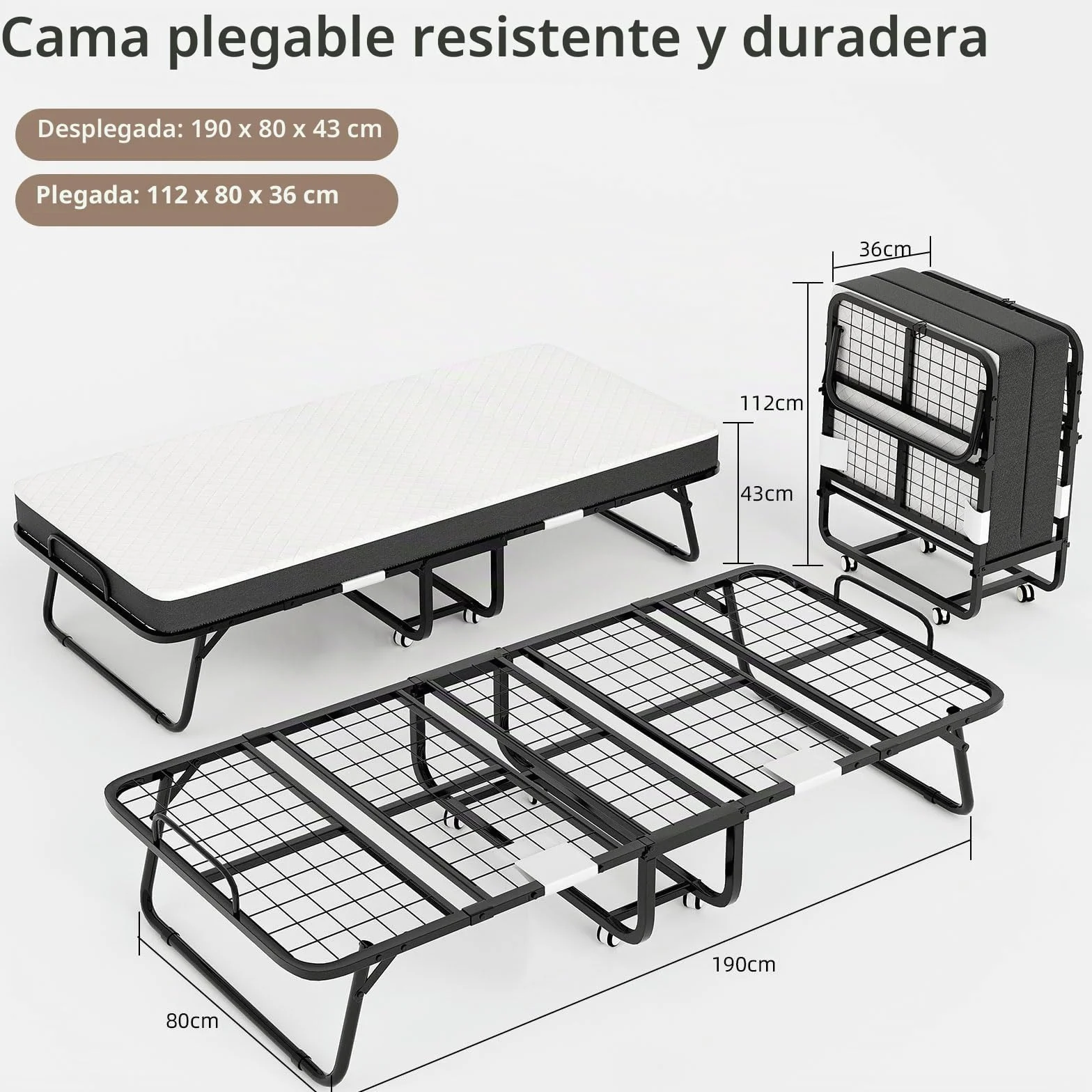 Cama plegable para adultos, 80 x 190 cm, cama plegable para adultos, con colchón de espuma de 13 cm, cama supletoria plegable con 4 ruedas y somier de láminas de metal para invitados, carga 200 kg
