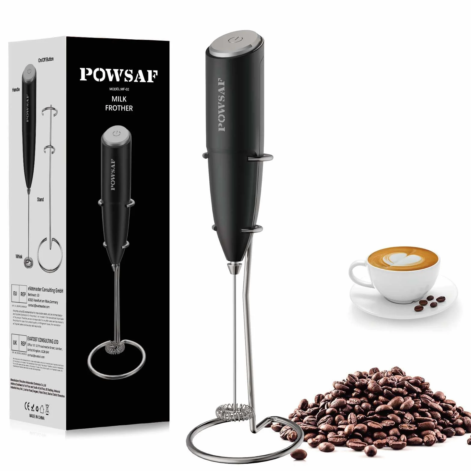 POWSAF Espumador de Leche Eléctrico 13000 RPM, Batidor de Espuma con Soporte, Negro