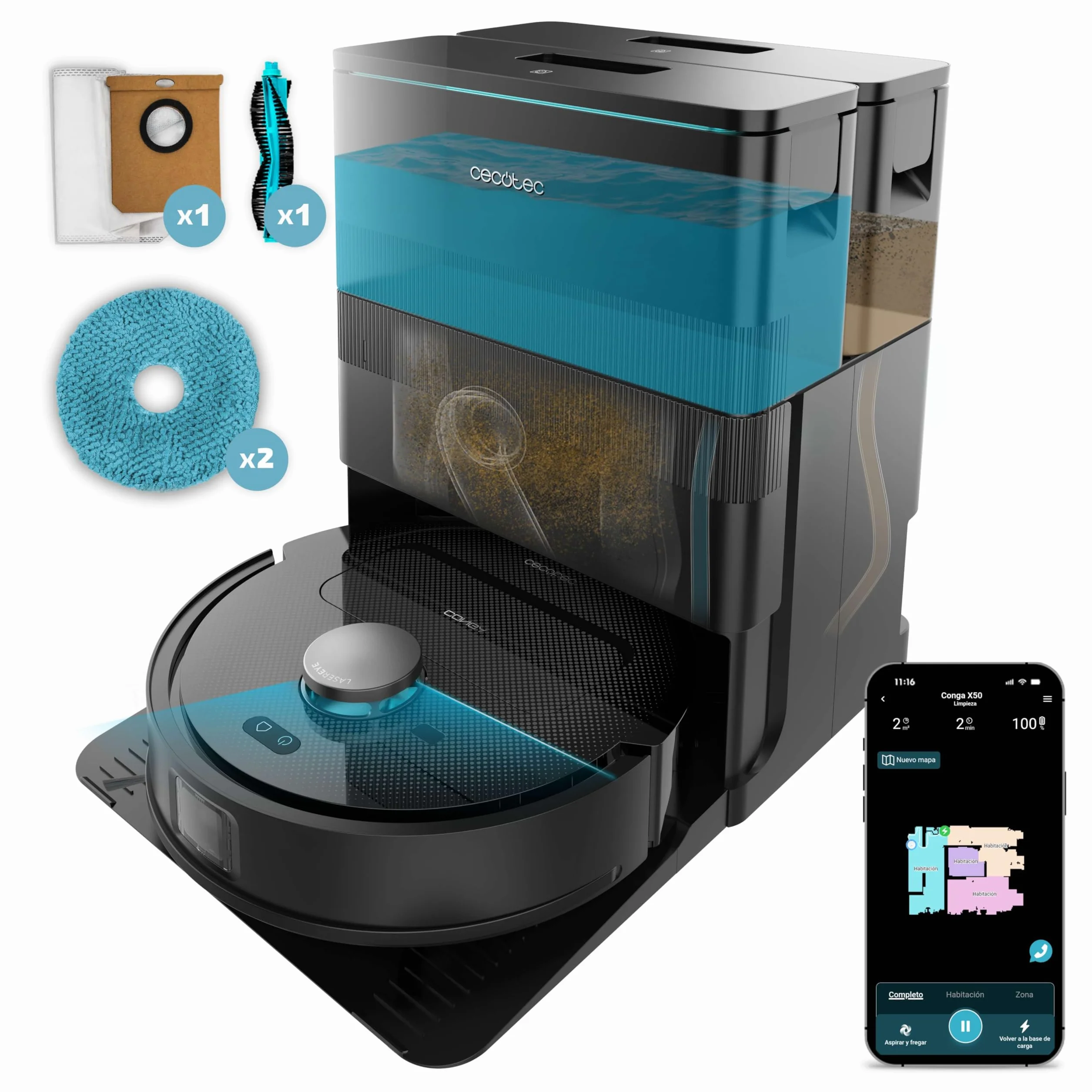 Cecotec Robot Aspirador y Friegasuelos con Base de Autovaciado y App Conga X50 X-Treme. Navegación Láser, Mapeo Interactivo, 15000Pa, Autonomía 240mins, Mopas Elevables, Base con 3 Depósitos