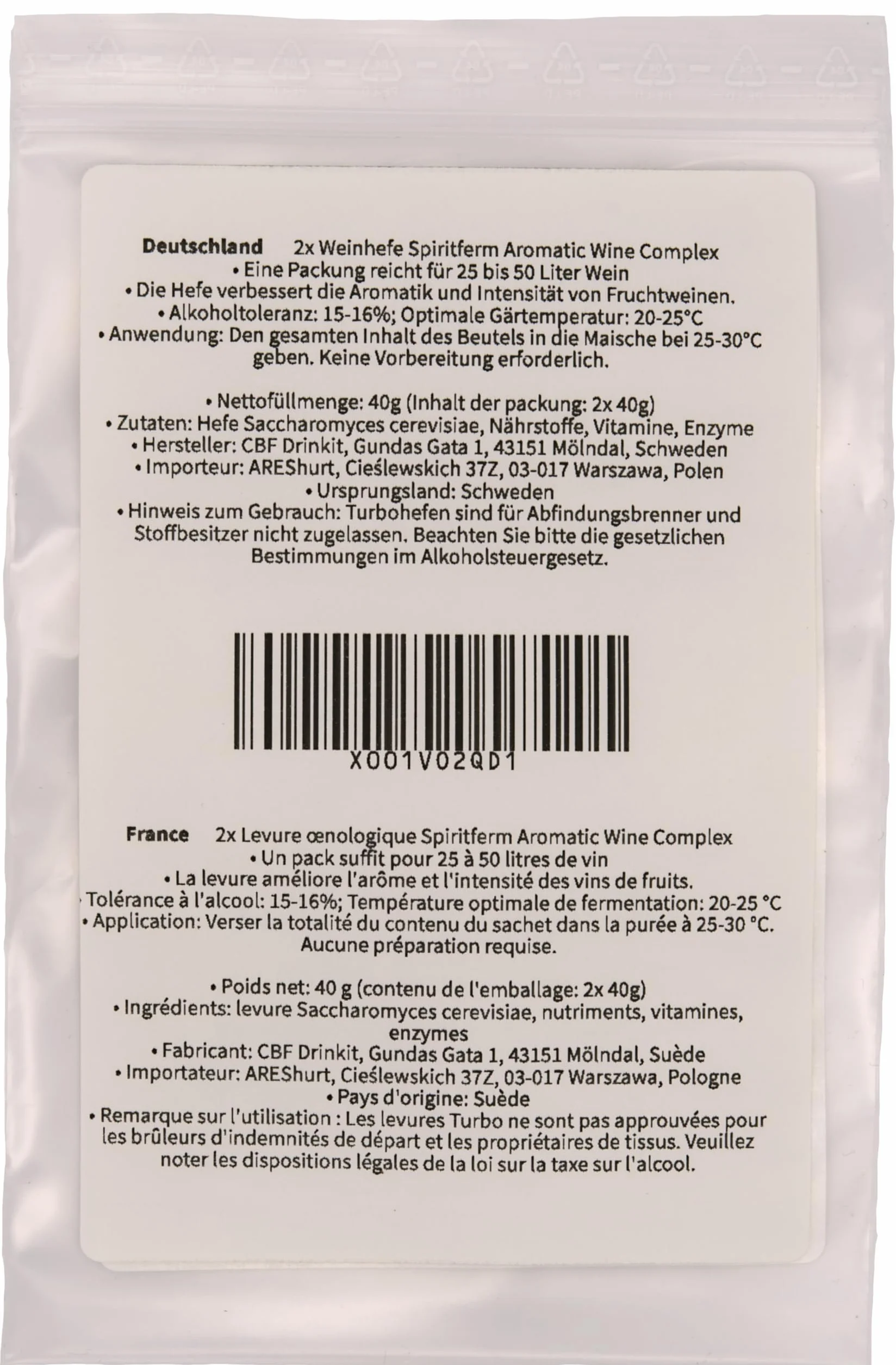 Spiritferm 2X levadura de Vino 40g para hasta 50 litros 15-16% Vino Blanco y Vino Tinto
