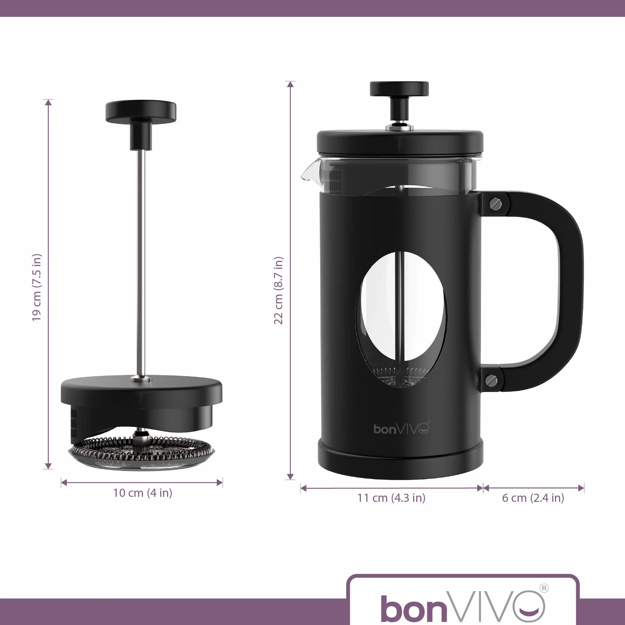 bonVIVO Cafetera Francesa 1 Litro (8 Tazas) – Prensa Francesa de Cristal Borosilicato con Filtro de Acero Inoxidable – French Press para Café, Té y Cold Brew – Negro