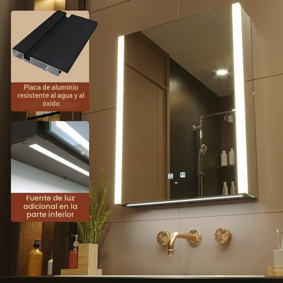 KWW LED Botiquín Baño Espejo Temperatura Color Ajustable Luz Antiniebla Enchufe USB Montado Pared 55x70