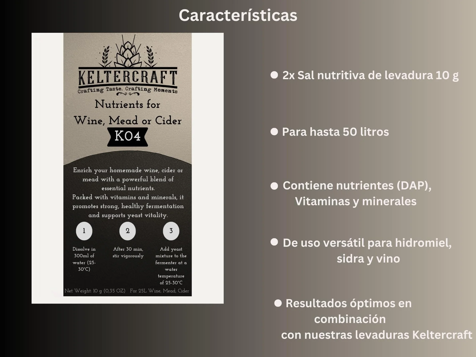 Sal nutritiva para levadura Keltercraft K04 20g para 50l vino hidromiel sidra fermentación DAP vitaminas