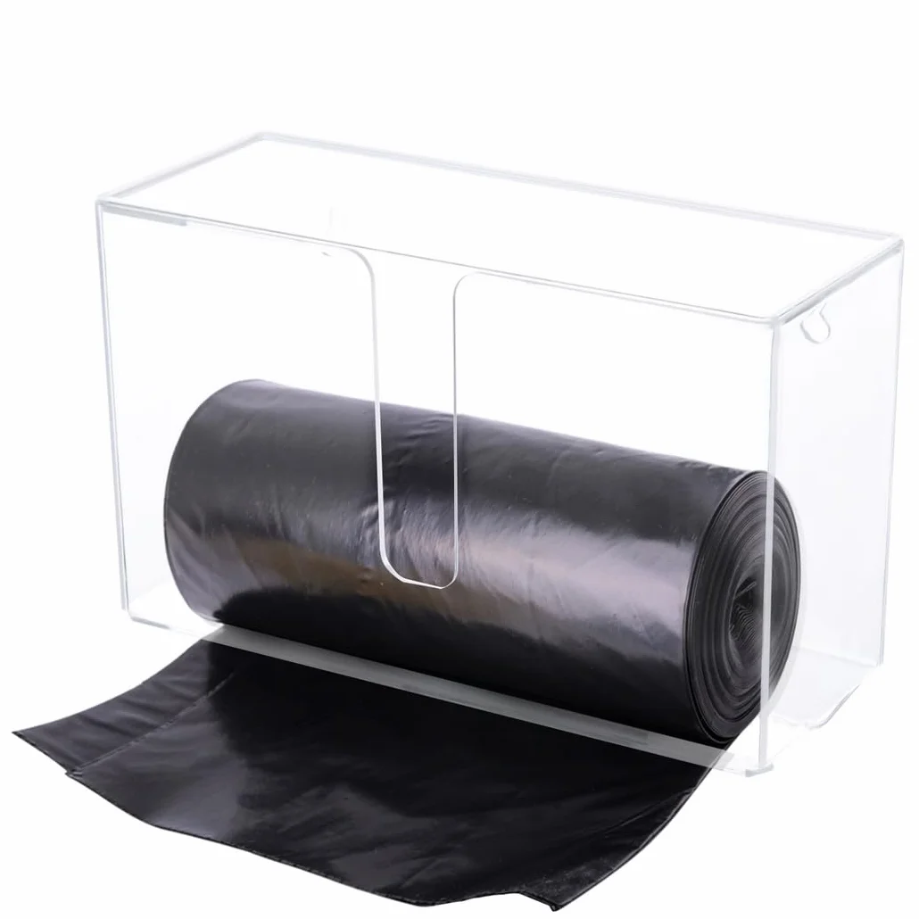 Soporte para bolsas de basura de acrílico transparente montado en la pared, dispensador compacto para bolsas de basura y plástico, caja de almacenamiento fácil de usar con tapa para organización